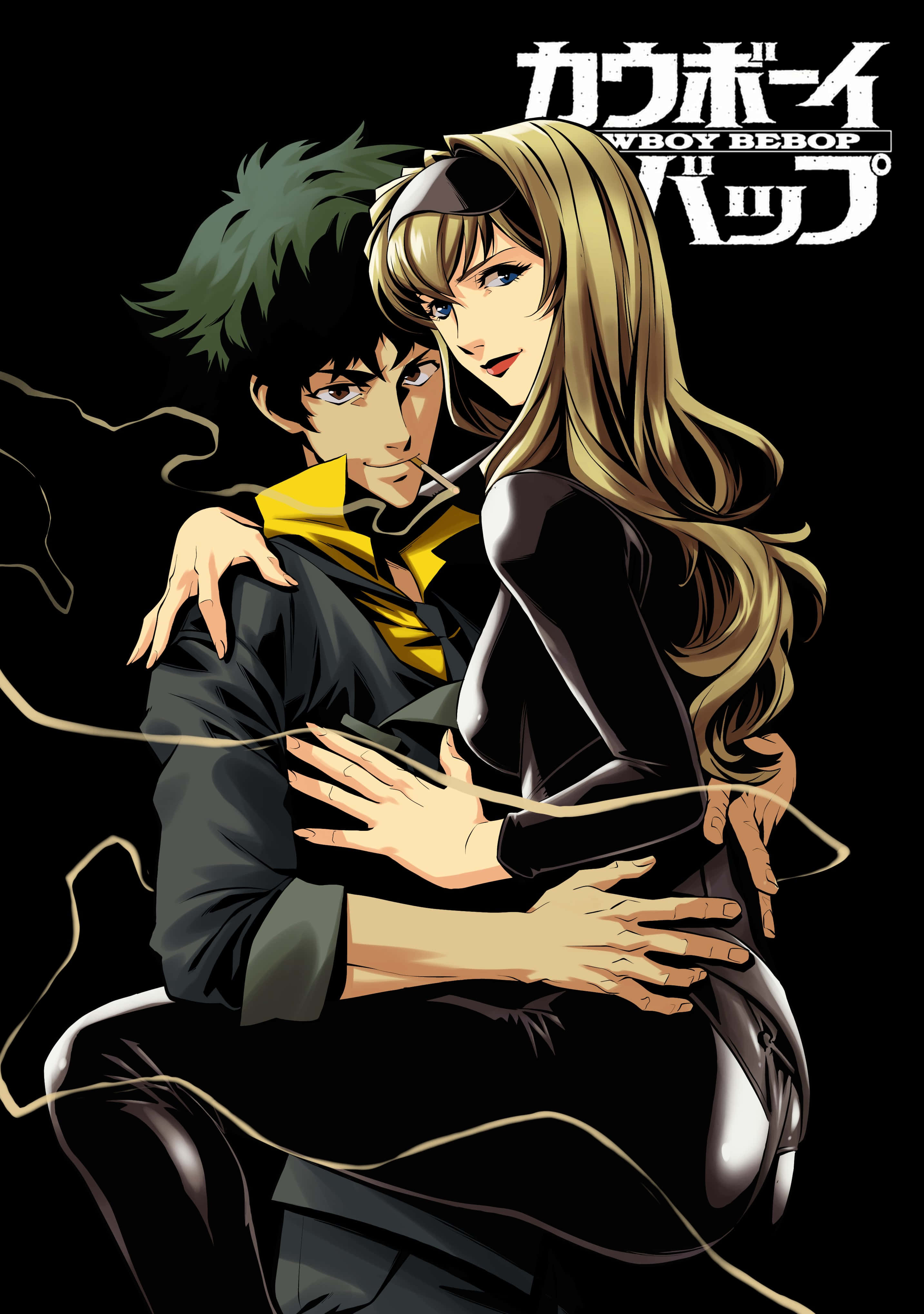 Cowboy Bebop Julia 桌布 壁紙 — 一個戲劇性的動漫擁抱，綠髮男子和金髮女子在黑色背景上，帶有金色標題文字。