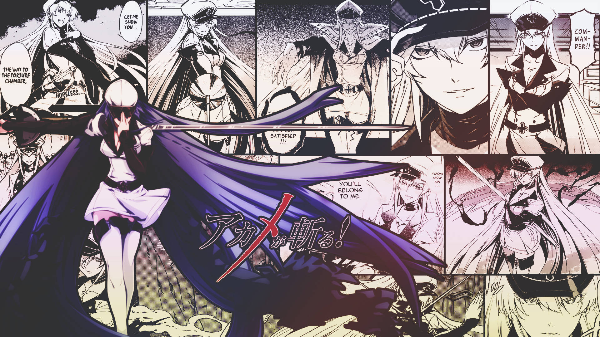 Esdeath 桌布 壁紙 — 一個戲劇性的動漫漫畫面板，展示一位身穿紫色長袍的戰士揮舞著劍，表情強烈，並帶有粗體文字疊加。