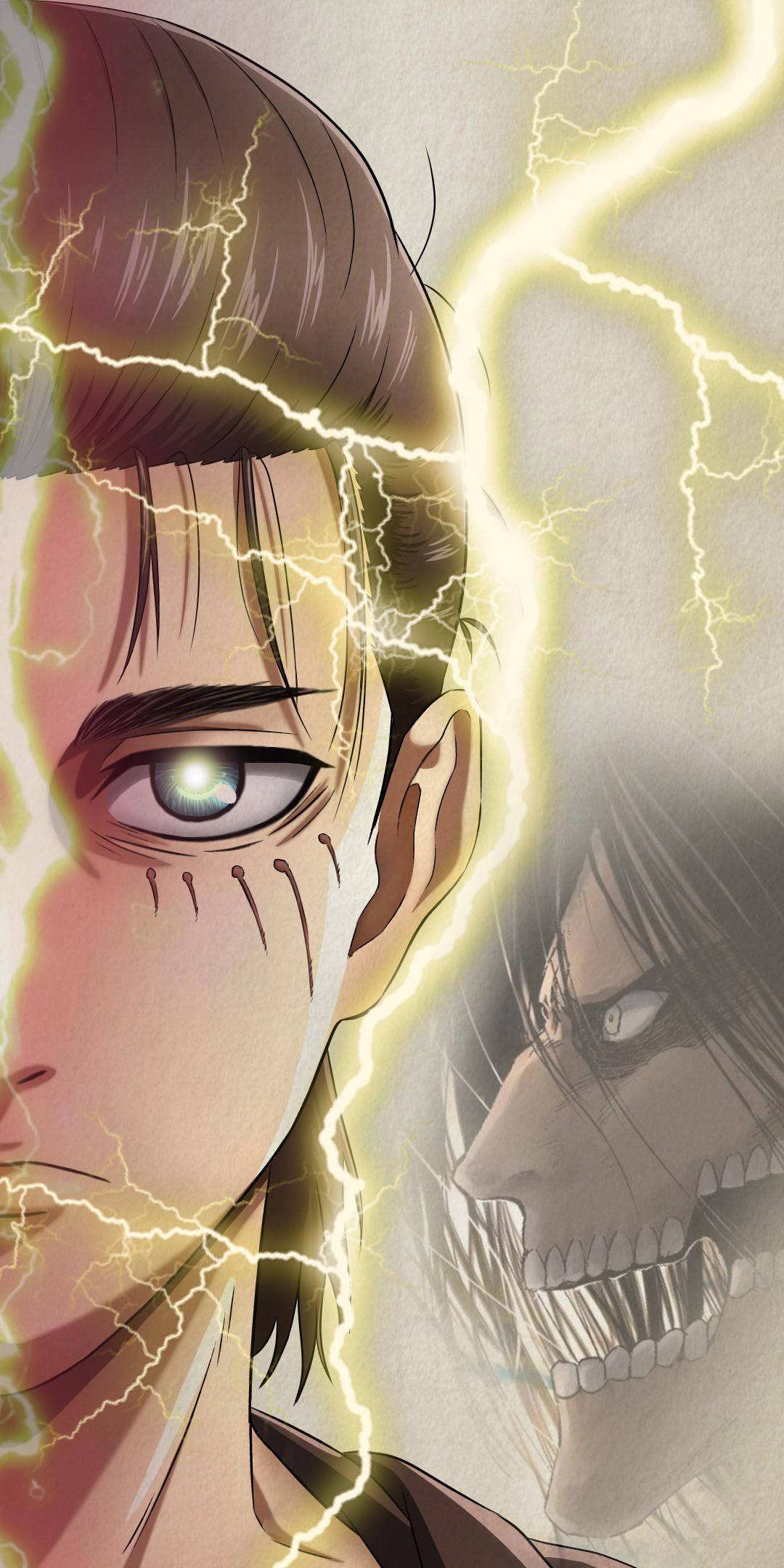 Attack On Titan Titan Eren 桌布 壁紙 — 一個戲劇性的動漫特寫，一個年輕男子眼睛發光，閃電在他周圍噼啪作響，面對一個巨大的泰坦。