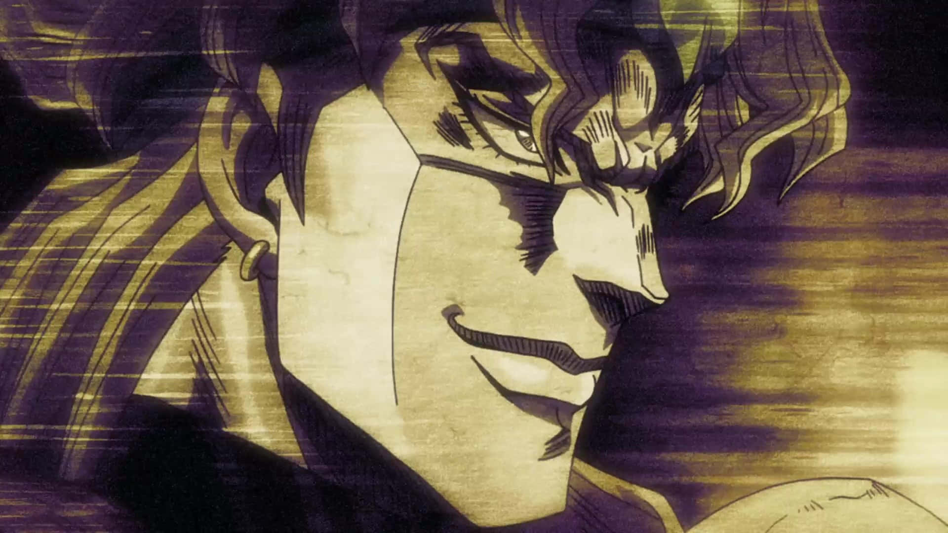 Stardust Crusaders 桌布 壁紙 — 一個戲劇性的動漫特寫，一個男人帶著銳利的眼神和冷笑，背景是帶有紋理的紫色和金色。