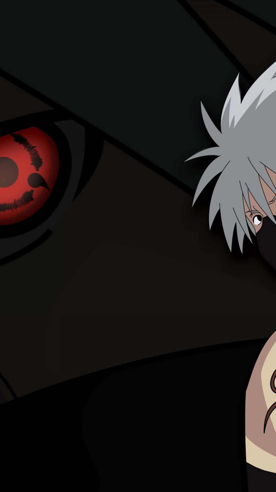 kakashi pfp 桌布 壁紙 — 一個戲劇性的動漫特寫，角色擁有尖刺銀髮和一隻帶有黑色巴紋的發光紅眼，背景為黑暗。