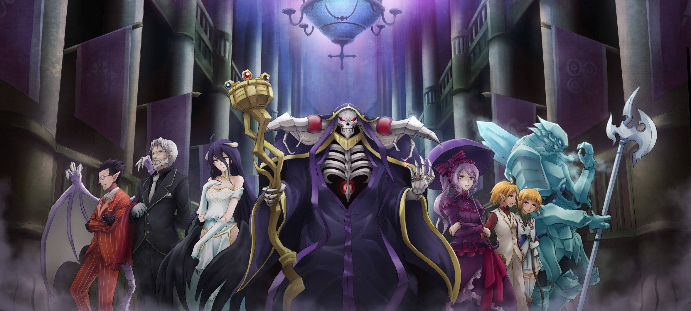 Overlord 桌布 壁紙 — 一個戲劇性的動漫群體肖像，描繪一位身穿紫色長袍的骷髏國王手持金色權杖，周圍環繞著各種角色，背景是哥德式大教堂，掛有橫幅和吊燈。
