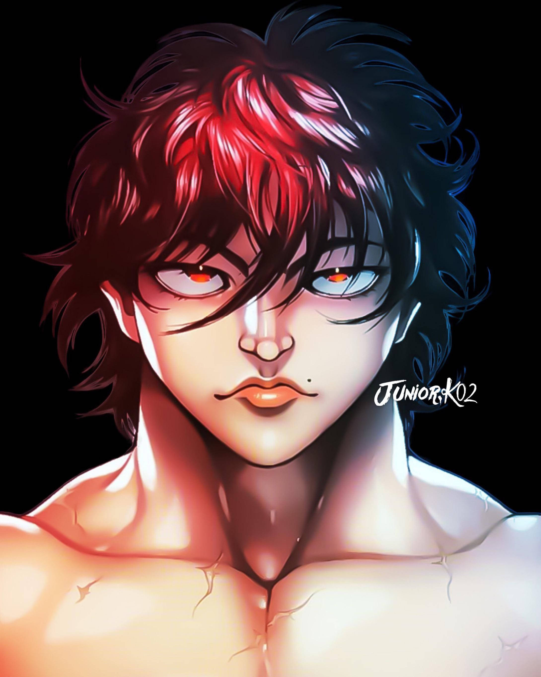 Baki 桌布 壁紙 — 一個戲劇性的動漫肖像，一個赤膊的男人，有著火紅和深藍色的頭髮，以及不匹配的發光眼睛，背景為黑色。