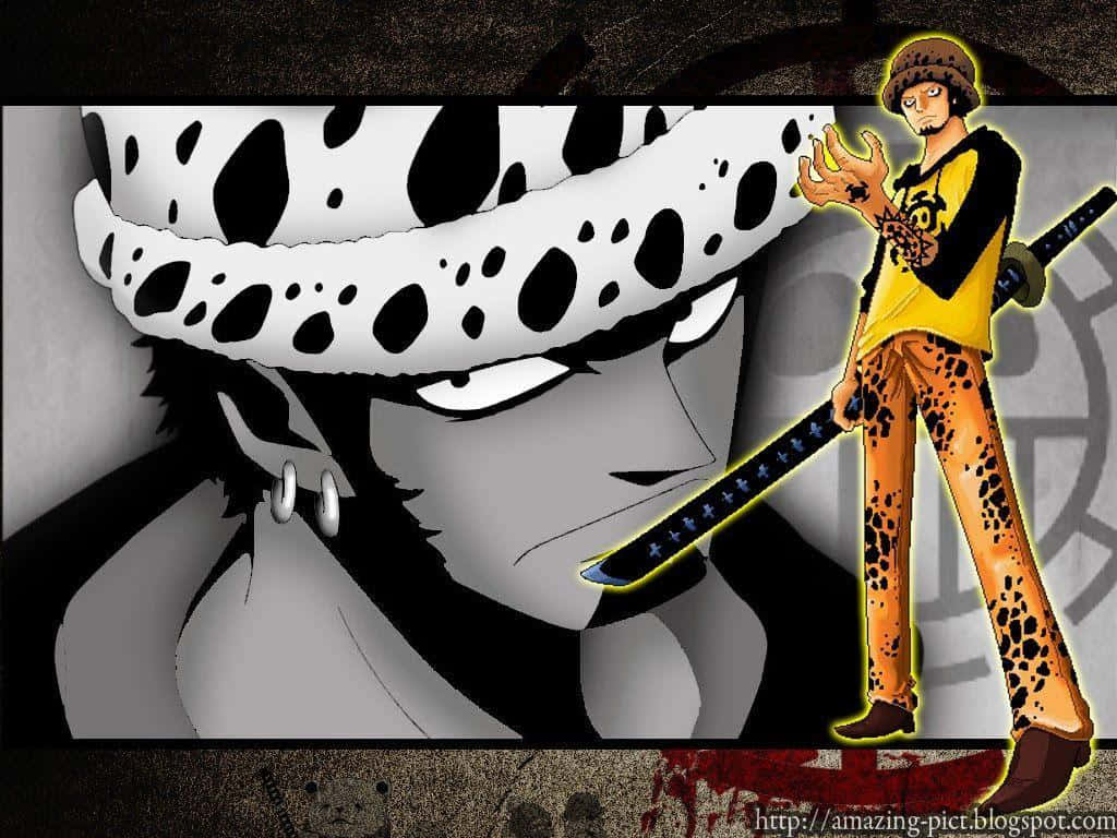 One Piece Trafalgar Law 桌布 壁紙 — 一個戲劇性的動漫肖像，描繪一位戴面具的戰士手持劍，旁邊站著一個穿著豹紋的全角色。