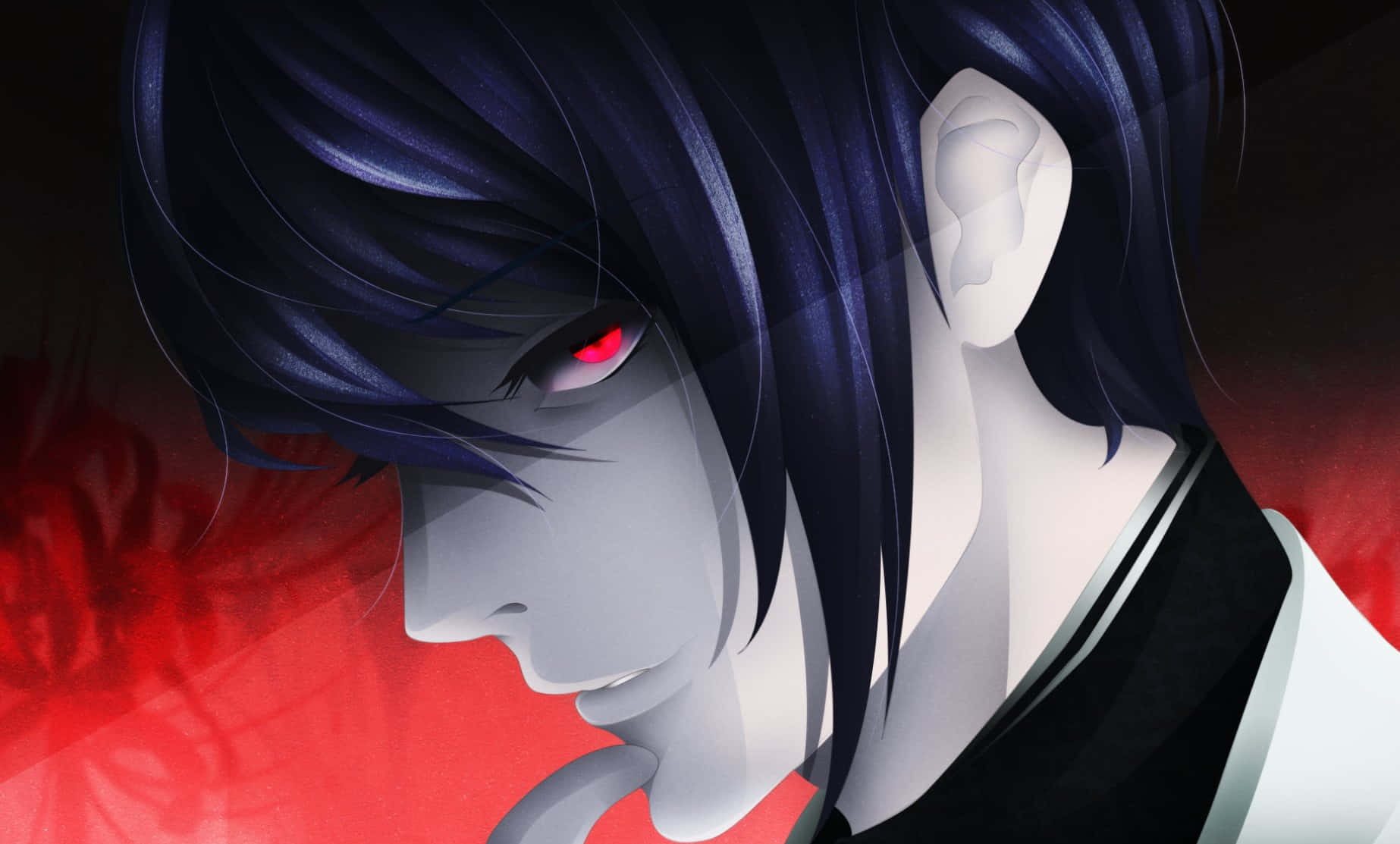 Shuu Tsukiyama 桌布 壁紙 — 一個戲劇性的動漫肖像，描繪一位黑髮男性，擁有發光的紅色眼睛，背景是火紅色的。