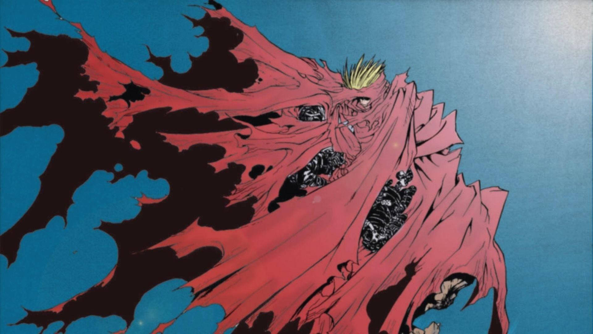Trigun 桌布 壁紙 — 一個戲劇性的動漫角色，擁有尖刺金髮和破爛的紅色斗篷，背景是鮮豔的藍天。