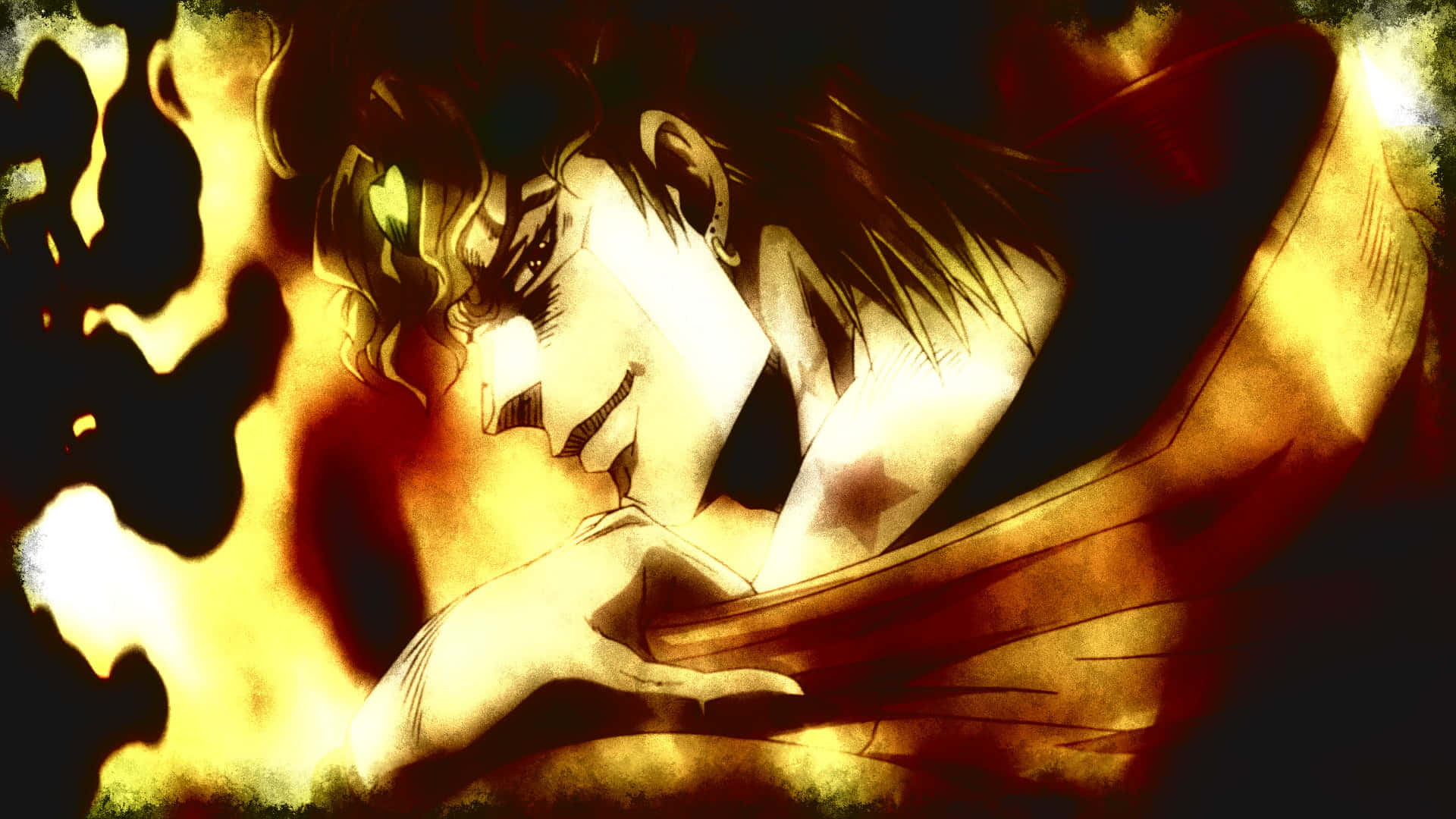 Dio Brando 桌布 壁紙 — 一個戲劇性的動漫角色，擁有火焰般的頭髮和強烈的表情，在黑暗背景中被發光的橙色火焰吞沒。
