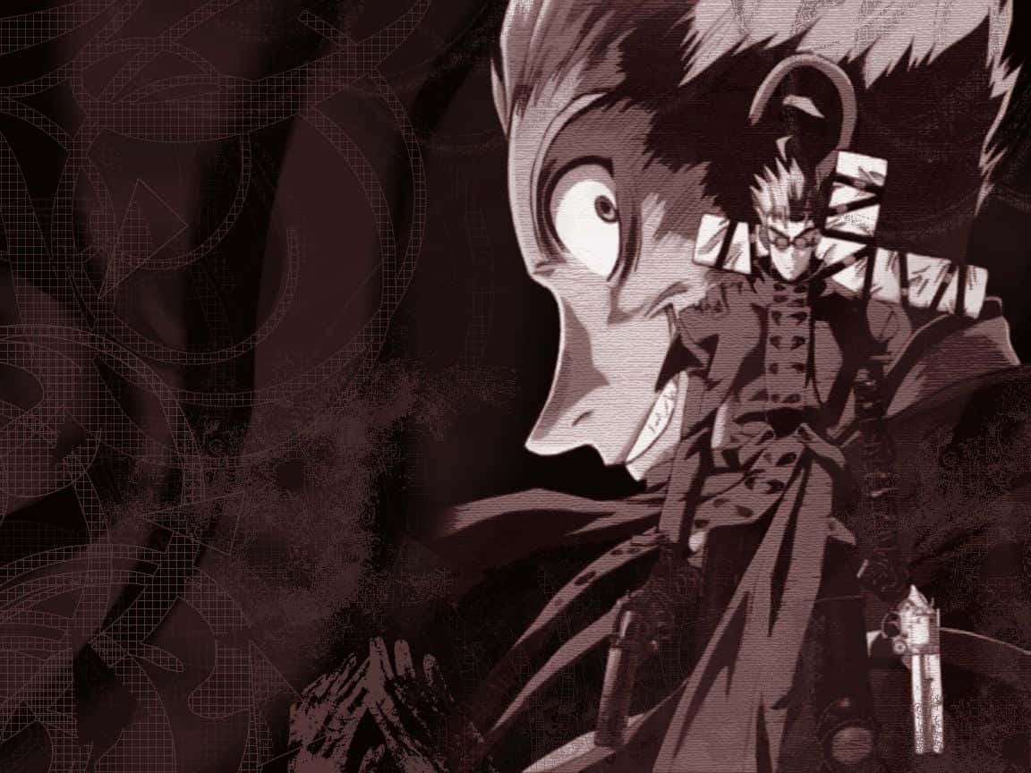 Trigun 桌布 壁紙 — 一個戲劇性的動漫角色，有著尖刺頭髮和眼鏡，站在深色懷舊色調的場景中，背景有一個巨大的面孔若隱若現。