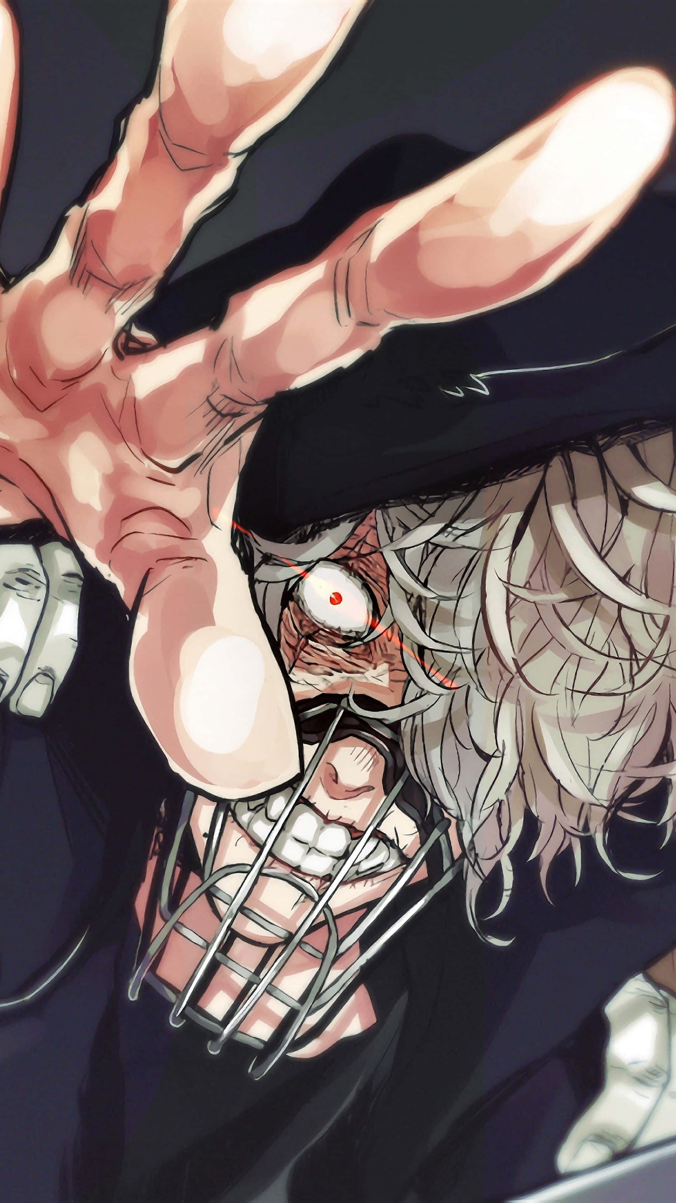 Tomura Shigaraki 桌布 壁紙 — 一個戲劇性的動漫角色，白髮，戴著金屬籠面具，在黑暗背景中伸出沾滿鮮血的手。