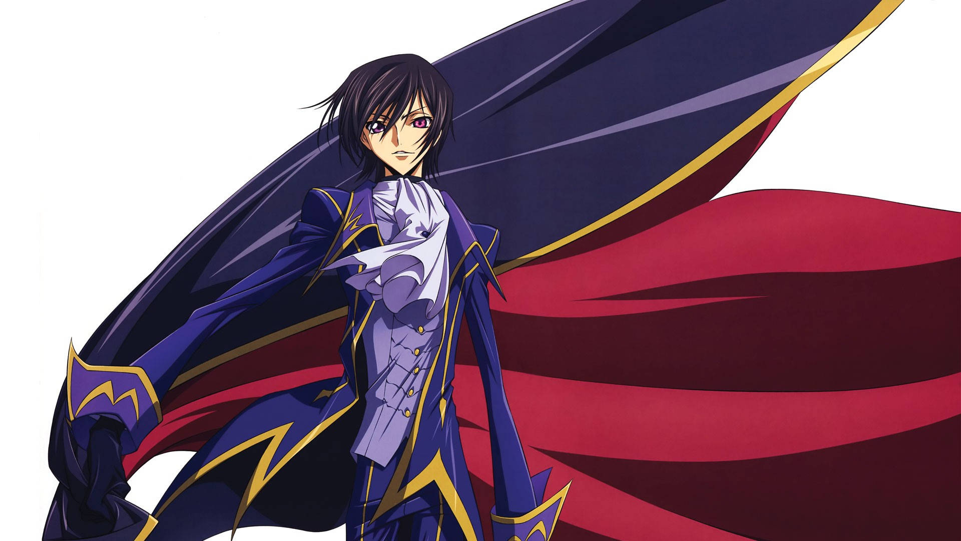 lelouch lamperouge 桌布 壁紙 — 一個戲劇性的動漫角色，穿著帶有金色飾邊的紫色和紅色斗篷，自信地站在白色背景前。