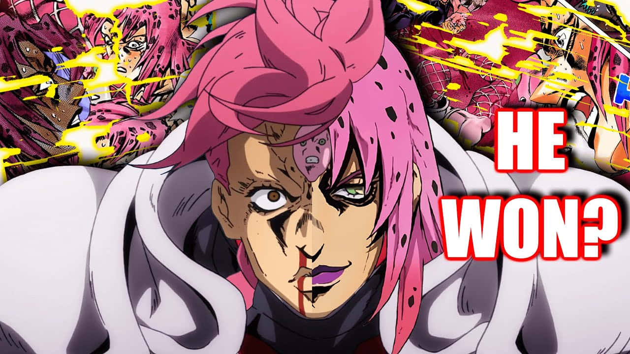 Jojo's Bizarre Adventure Diavolo 桌布 壁紙 — 一個戲劇性的動漫角色，粉紅色頭髮和血痕，在黃色能量爆發在背後爆炸時，凝視著前方。