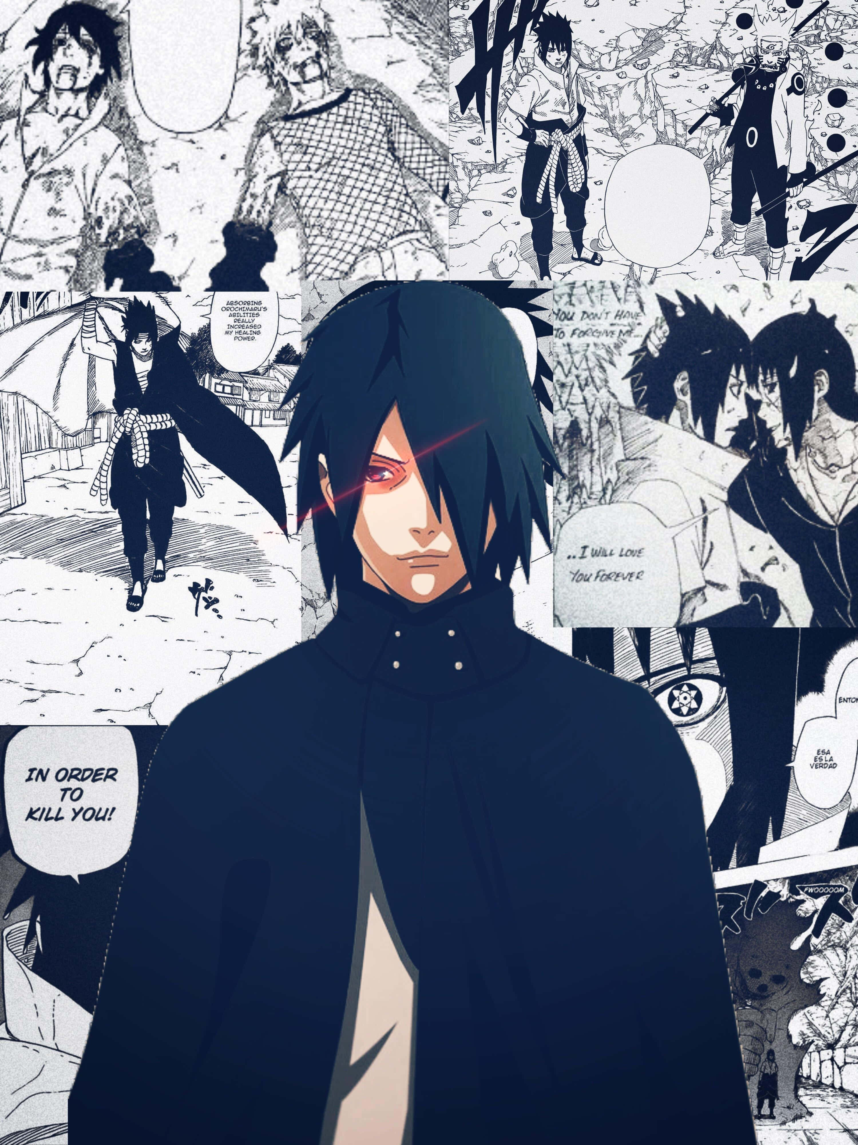 Sasuke Manga 桌布 壁紙 — 一個戲劇性的動漫角色，紅眼和黑色斗篷，站在中央前景，周圍是激烈的戰鬥場景的漫畫面板。