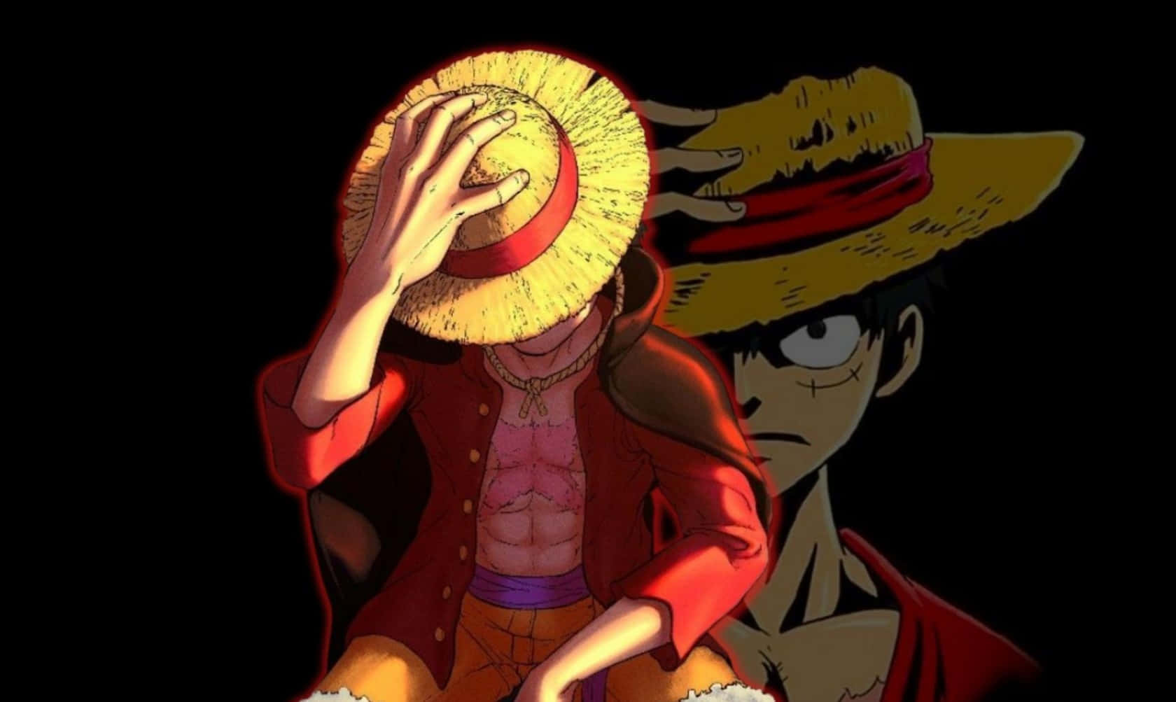 Straw Hat Pirates 桌布 壁紙 — 一個戲劇性的動漫角色，身穿紅色外套和草帽，在黑暗背景下遮擋臉部。
