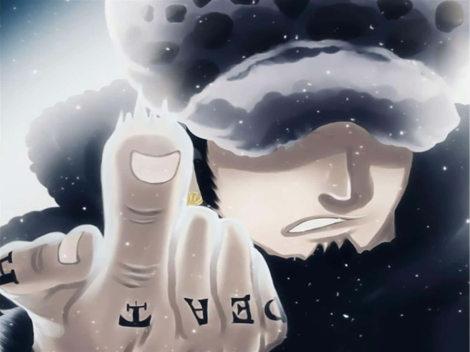 One Piece Trafalgar Law 桌布 壁紙 — 一個戲劇性的動漫角色，頭頂積雪，手上有刺青，在星空下做出挑釁的手勢。
