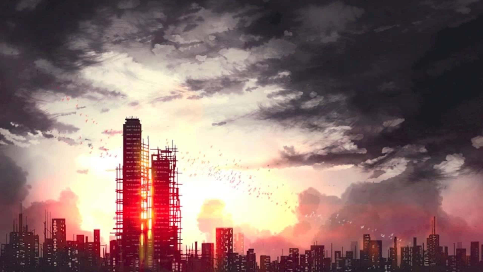 黑暗城市 桌布 壁紙 — 一個戲劇性的動漫風格城市景觀，夕陽西下，高聳的摩天大樓在佈滿鳥兒的火橙色和紫色天空映襯下形成剪影。