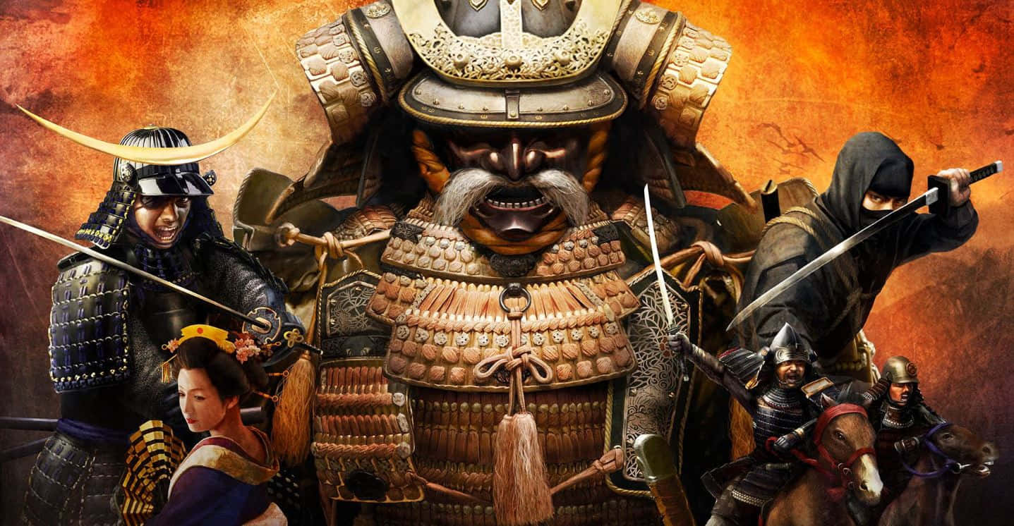 Feudal Japan 桌布 壁紙 — 一個戲劇性的動漫風格戰鬥場景，中央是一位戴著兇猛面具的武士，周圍是武裝戰士和一位跪著的女子，背景是火熱的橙色。