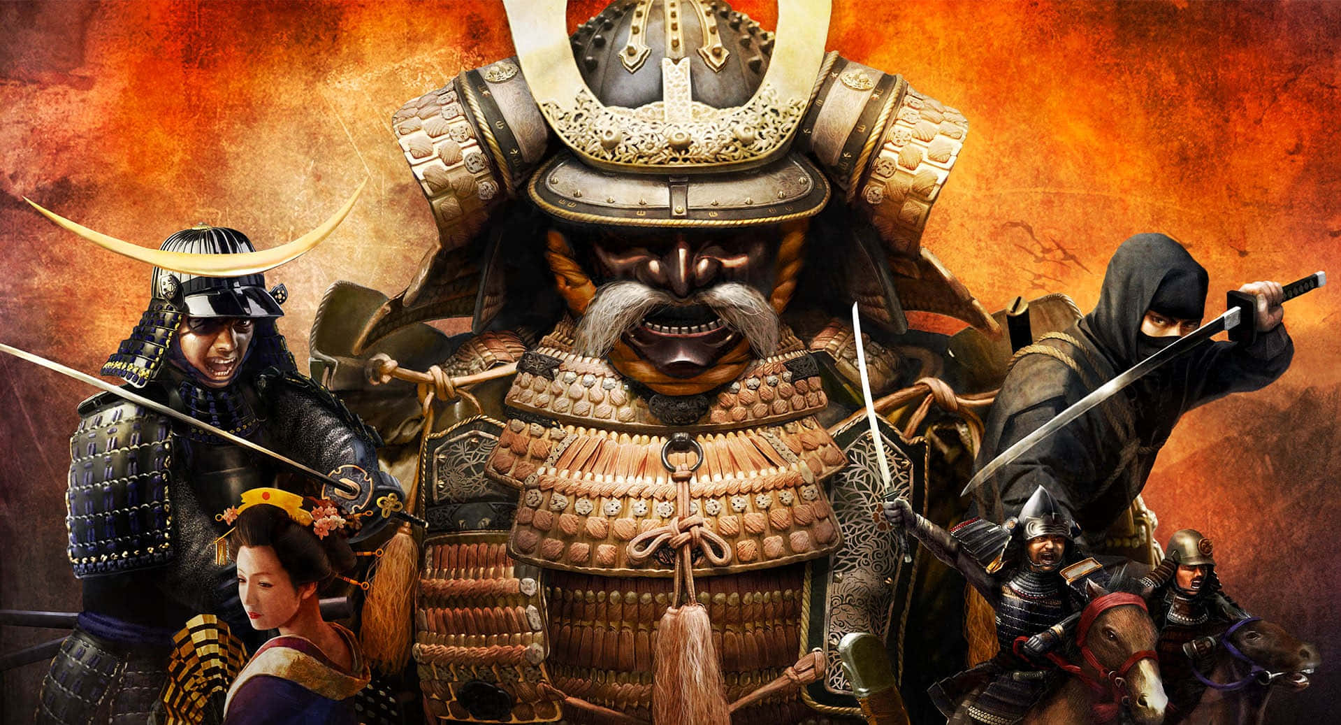shogun 2 total war 桌布 壁紙 — 一個戲劇性的動漫風格戰鬥場景，以一位表情兇猛的武士為中心，周圍是武裝戰士和一位跪著的女子，背景是火紅的橙色。