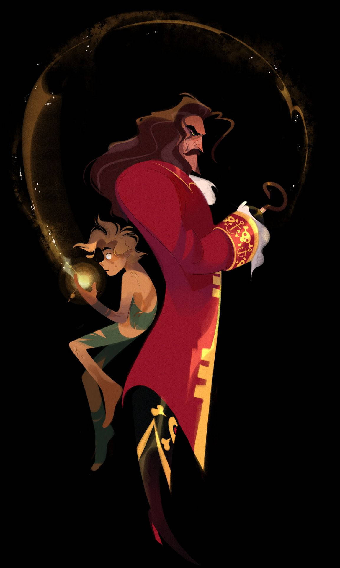 Peter Pan 桌布 壁紙 — 一個戲劇性的動漫風格插圖，描繪一個高大的男人穿著紅色外套拿著鑰匙，而一個較小的角色發光的手緊貼在他身邊，背景是黑暗的圓形。