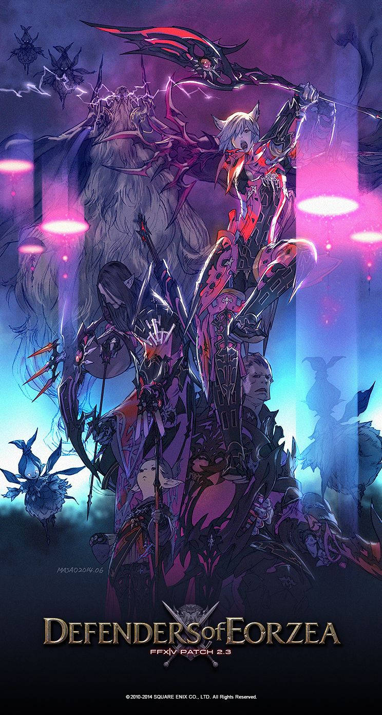 Ff14 桌布 壁紙 — 一個戲劇性的動漫風格插圖，描繪了幻想戰士和怪物在深紫色和藍色發光的環境中。