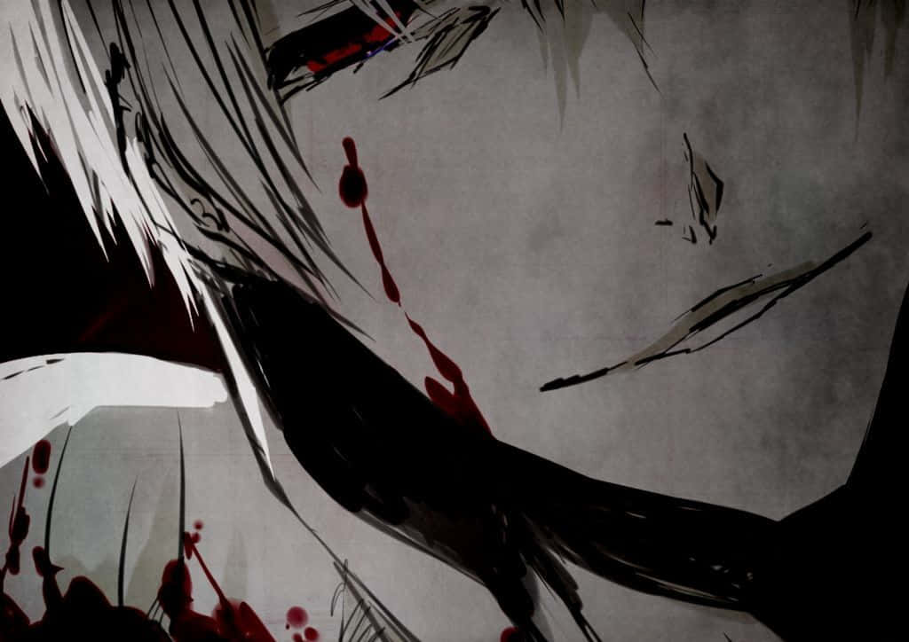 Gin Ichimaru 桌布 壁紙 — 一個戲劇性的動漫風格特寫，蒼白的臉龐，白髮，紅色血液從眼睛和嘴巴滴落，背景為灰色。