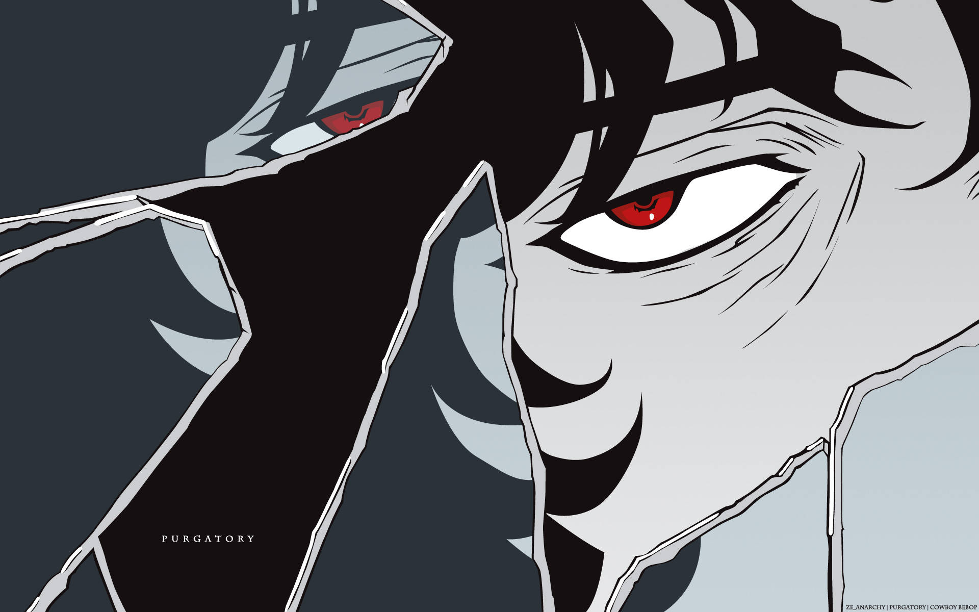 Cowboy Bebop Desktop 桌布 壁紙 — 一個戲劇性的動漫風格特寫，角色擁有強烈的紅眼睛和尖銳的黑髮，由鋸齒狀的撕紙邊緣框住。