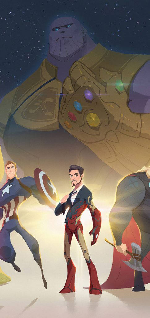 avengers iPhone x 桌布 壁紙 — 一個戲劇性的動畫場景顯示，鋼鐵人、美國隊長和雷神索爾在繁星點點的夜空下，挑釁地站在揮舞著發光無限手套的紫色薩諾斯面前。