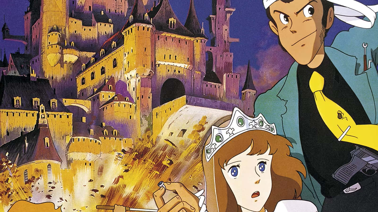 Lupin Iii The Castle Of Cagliostro 桌布 壁紙 — 一個戲劇性的動畫場景顯示一位戴著王冠的年輕公主和一個拿著槍的堅定男人，夜晚站在一座燃燒的城堡前。