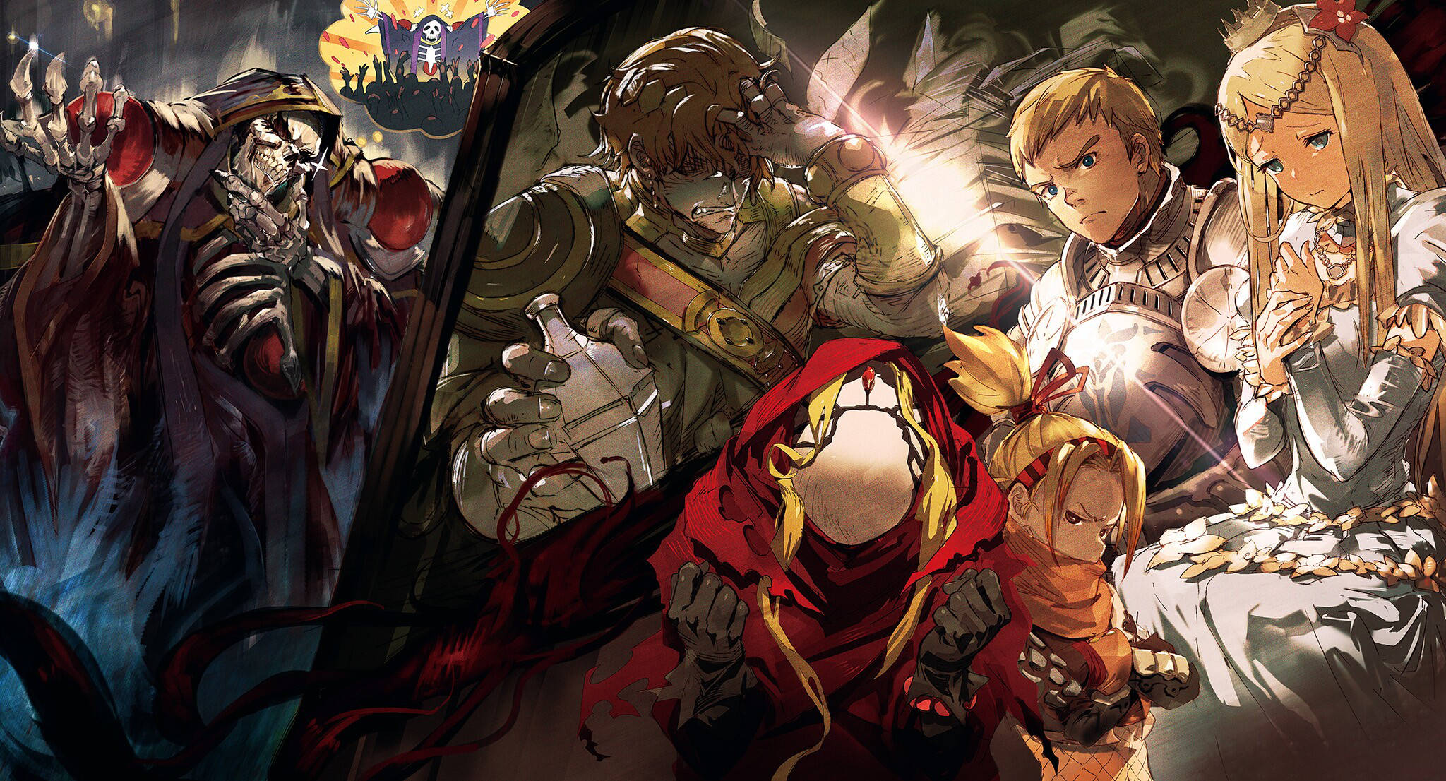 Overlord 桌布 壁紙 — 一個戲劇性的動畫戰鬥場景，有裝甲戰士和一個紅袍人物在黑暗的天空下對抗一個骷髏敵人。