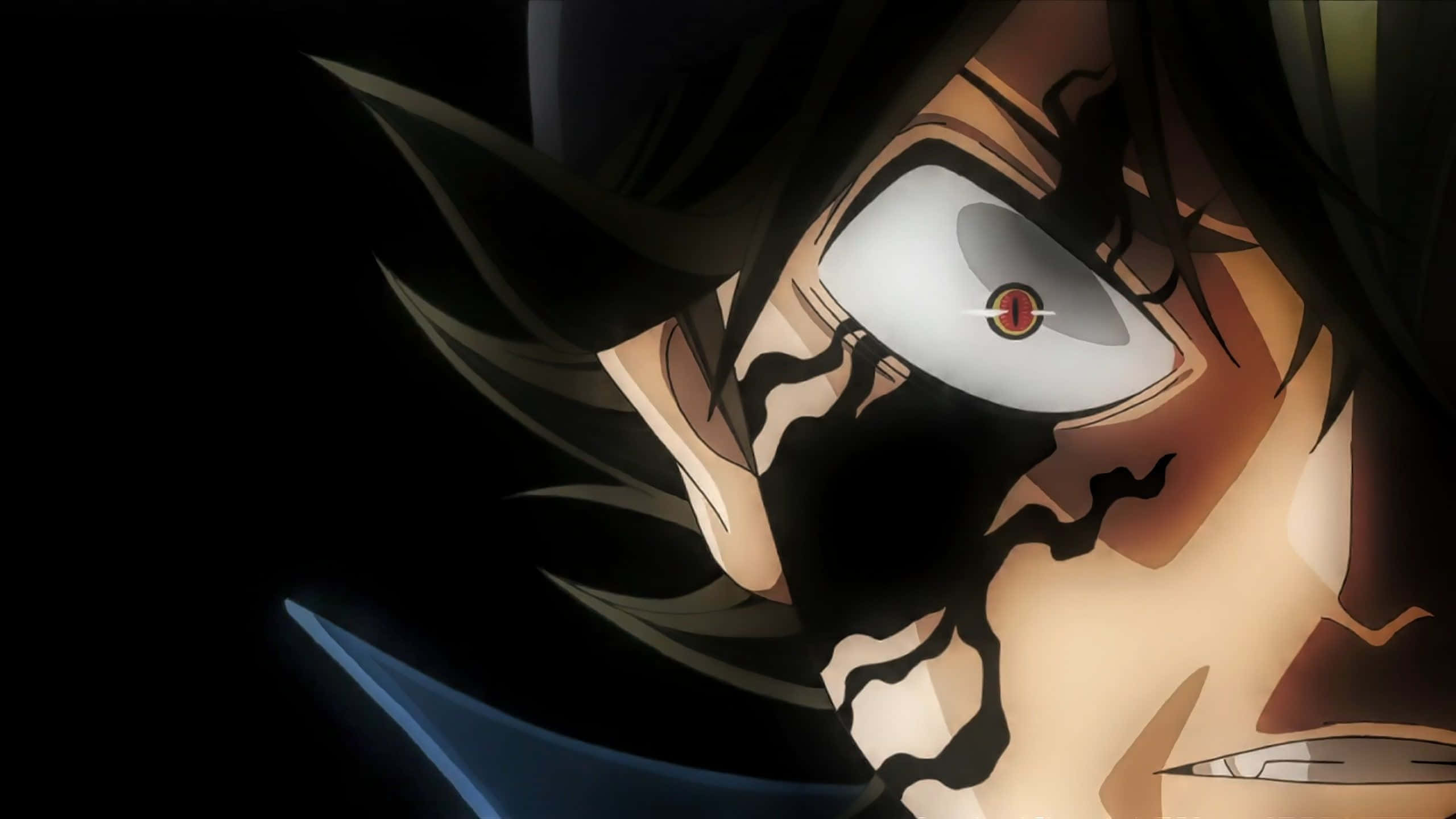 Asta Black Clover 4K 桌布 壁紙 — 一個戲劇性的動畫特寫，角色強烈的眼睛，紅色瞳孔和黑色藤蔓在黑暗背景上爬過臉部。