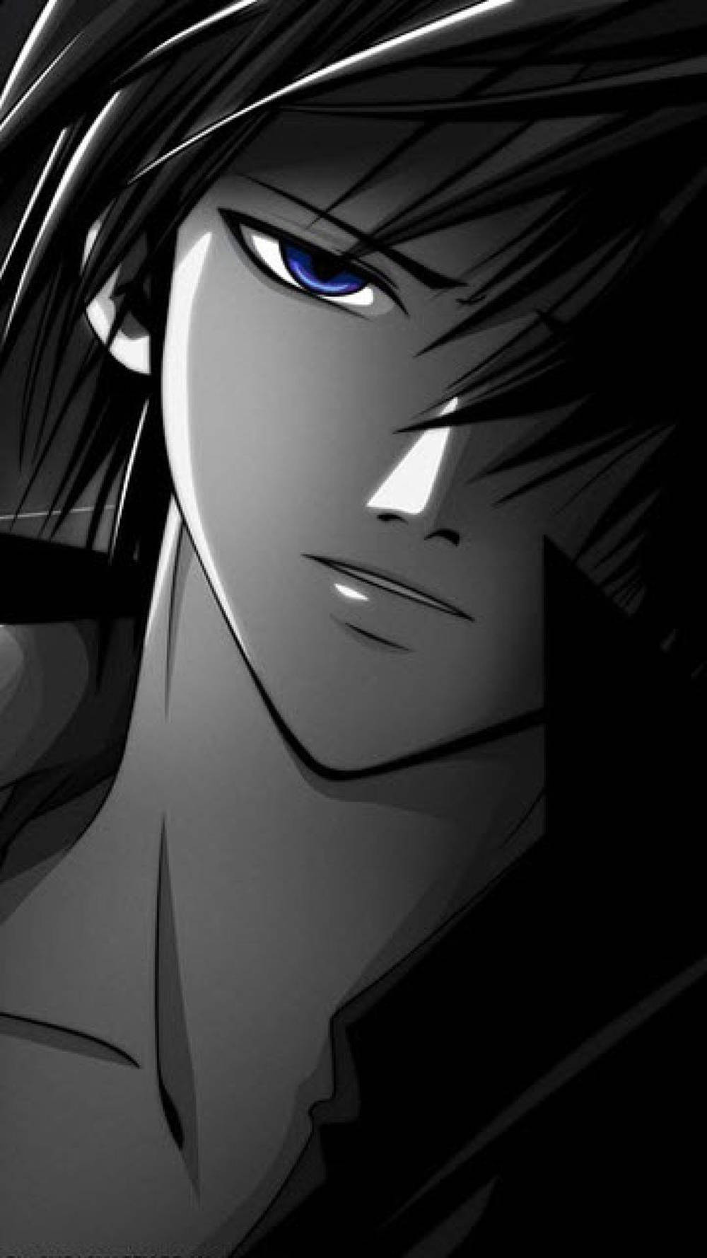 動畫角色，藍色眼睛和深色頭髮，單色風格。 — 憂鬱動漫男孩 壁紙