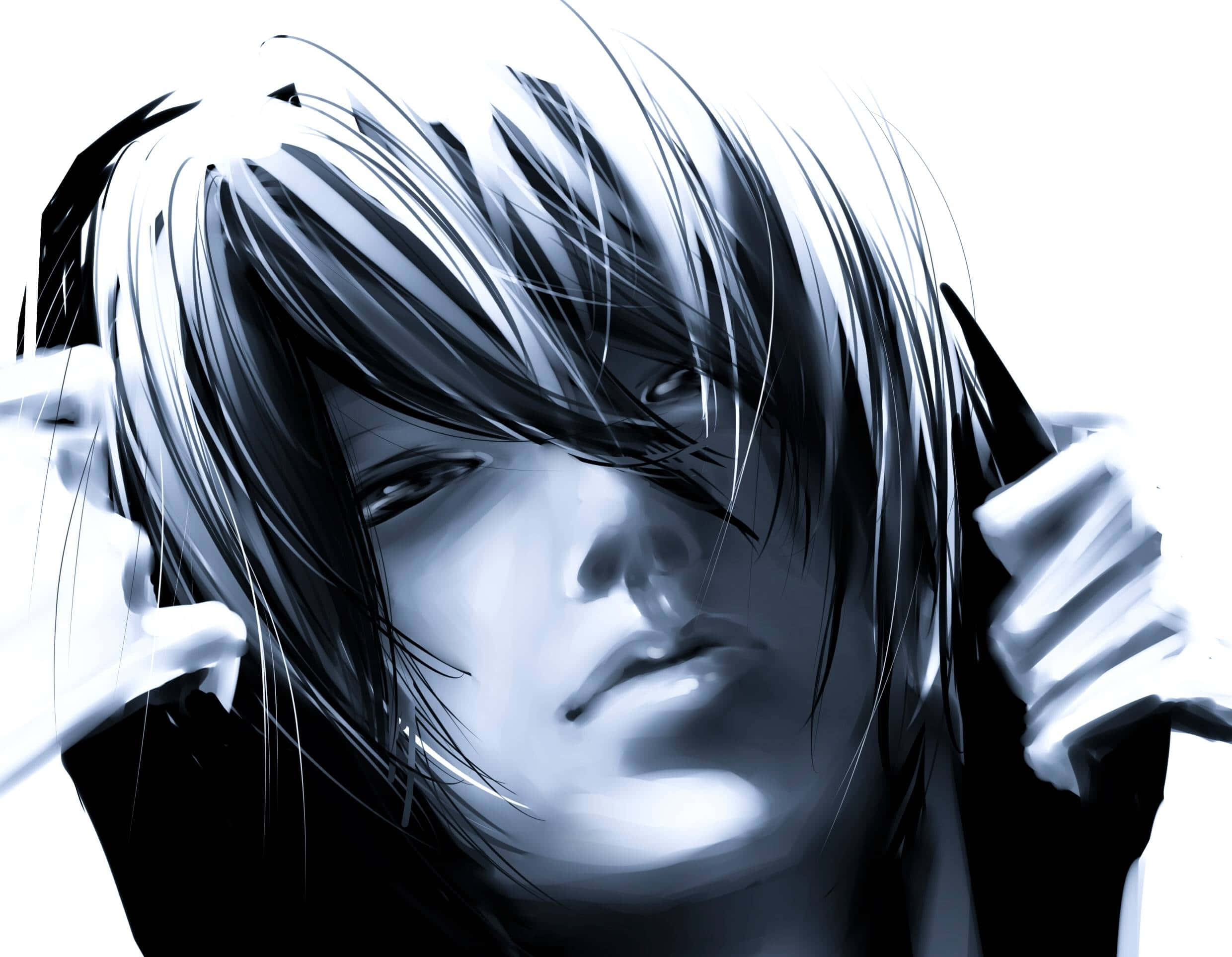 Black And White Anime 桌布 壁紙 — 一個戲劇性的動畫肖像，描繪一位年輕男子，銀色亂髮，眼神銳利，雙手抓頭，背景為純白色。