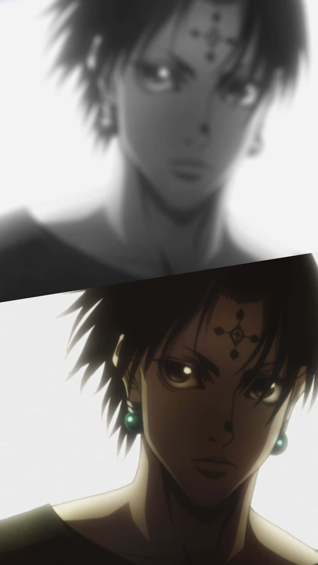 獵人 x 獵人 桌布 壁紙 — 一個戲劇性的動畫肖像，角色有尖刺頭髮和面部標記，分為銳利對焦和柔和模糊。
