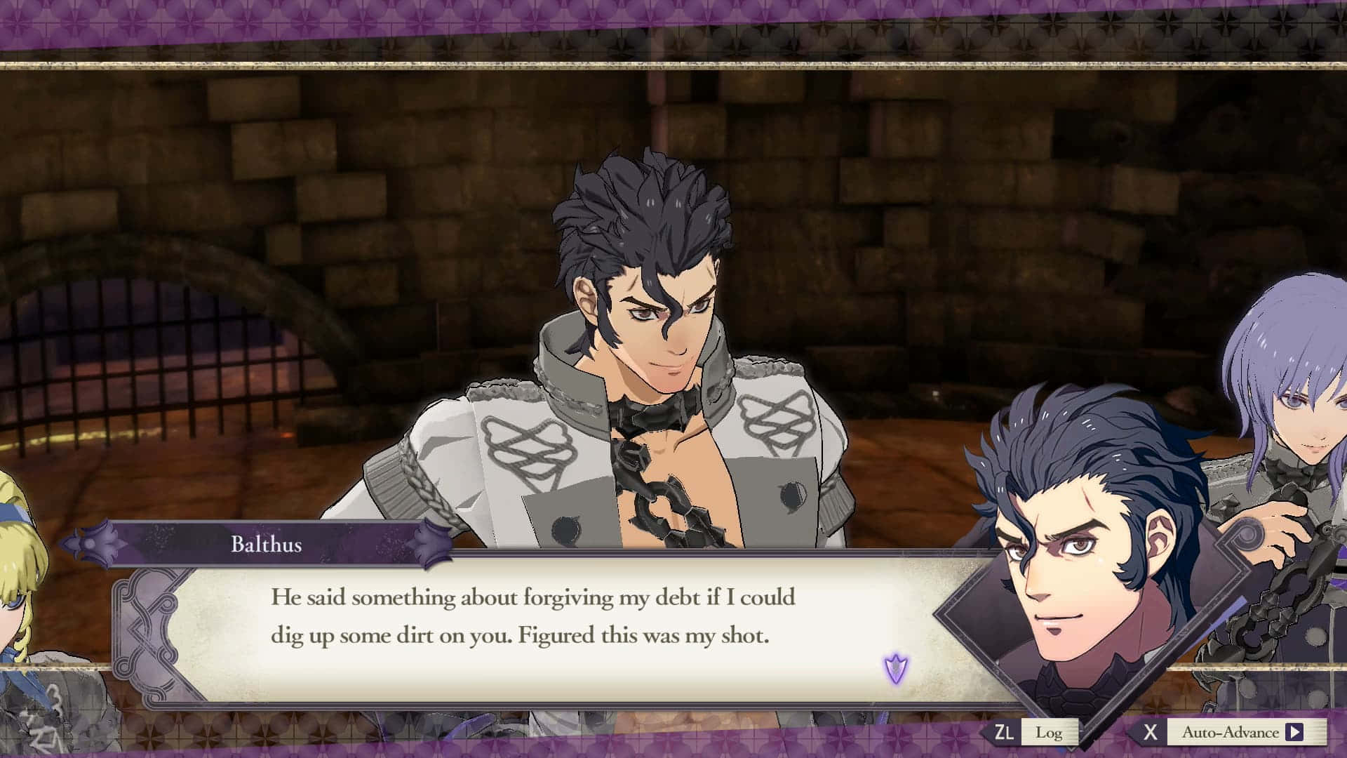 地牢中的動畫遊戲角色，對話框顯示與債務相關的對話。 — Fire Emblem Warriors 壁紙