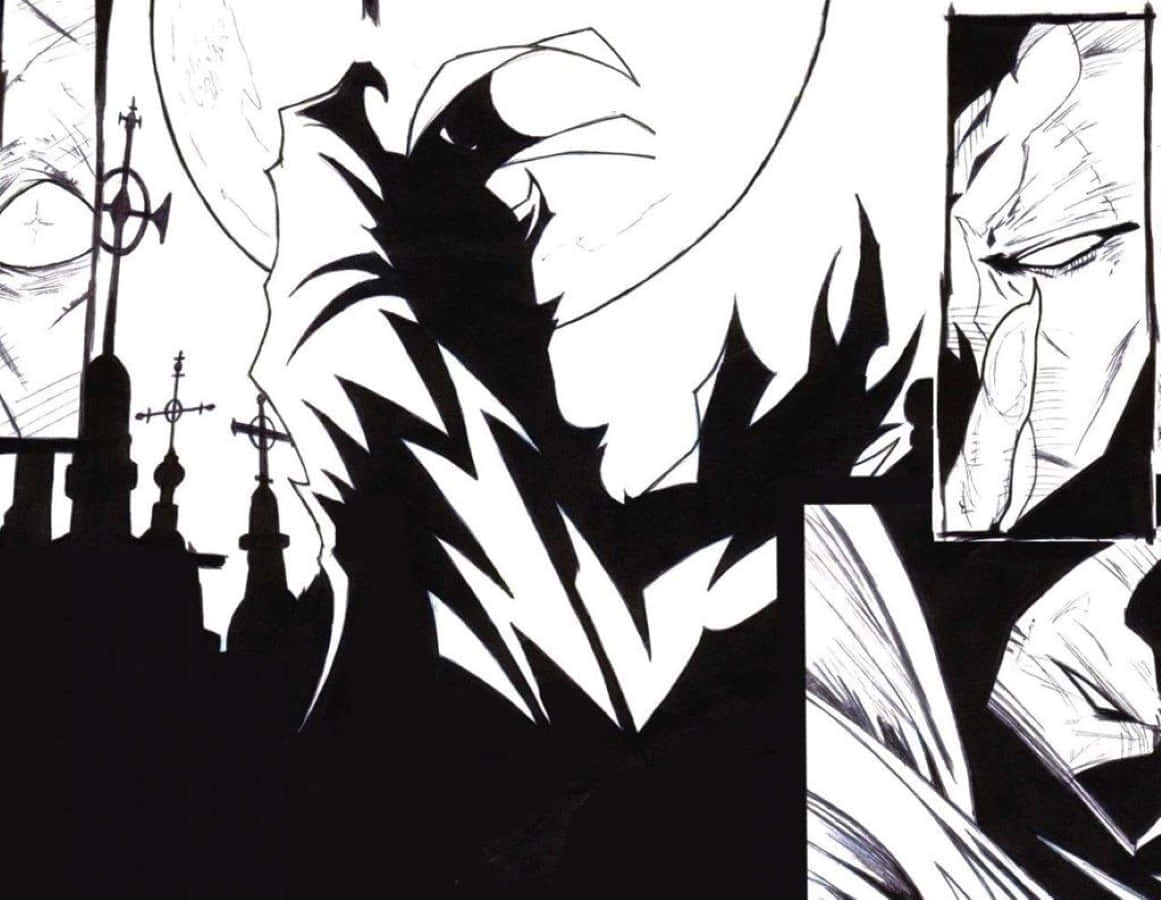 Black And White Comic 桌布 壁紙 — 一個戲劇性的動畫面板顯示一個怪物般的身影在滿月下籠罩著墓地，並有一個做鬼臉的特寫。