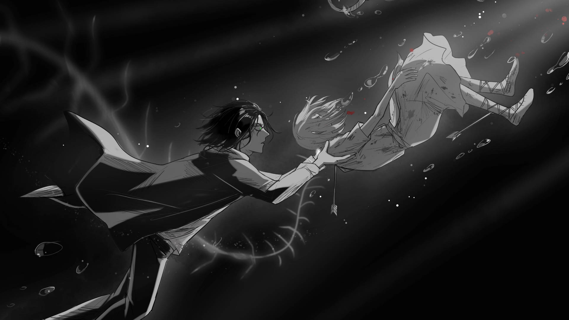艾連·葉卡 桌布 壁紙 — 一個戲劇性的動畫風格黑白場景，描繪一個人伸出手去拯救另一個墜入黑暗宇宙虛空的人。
