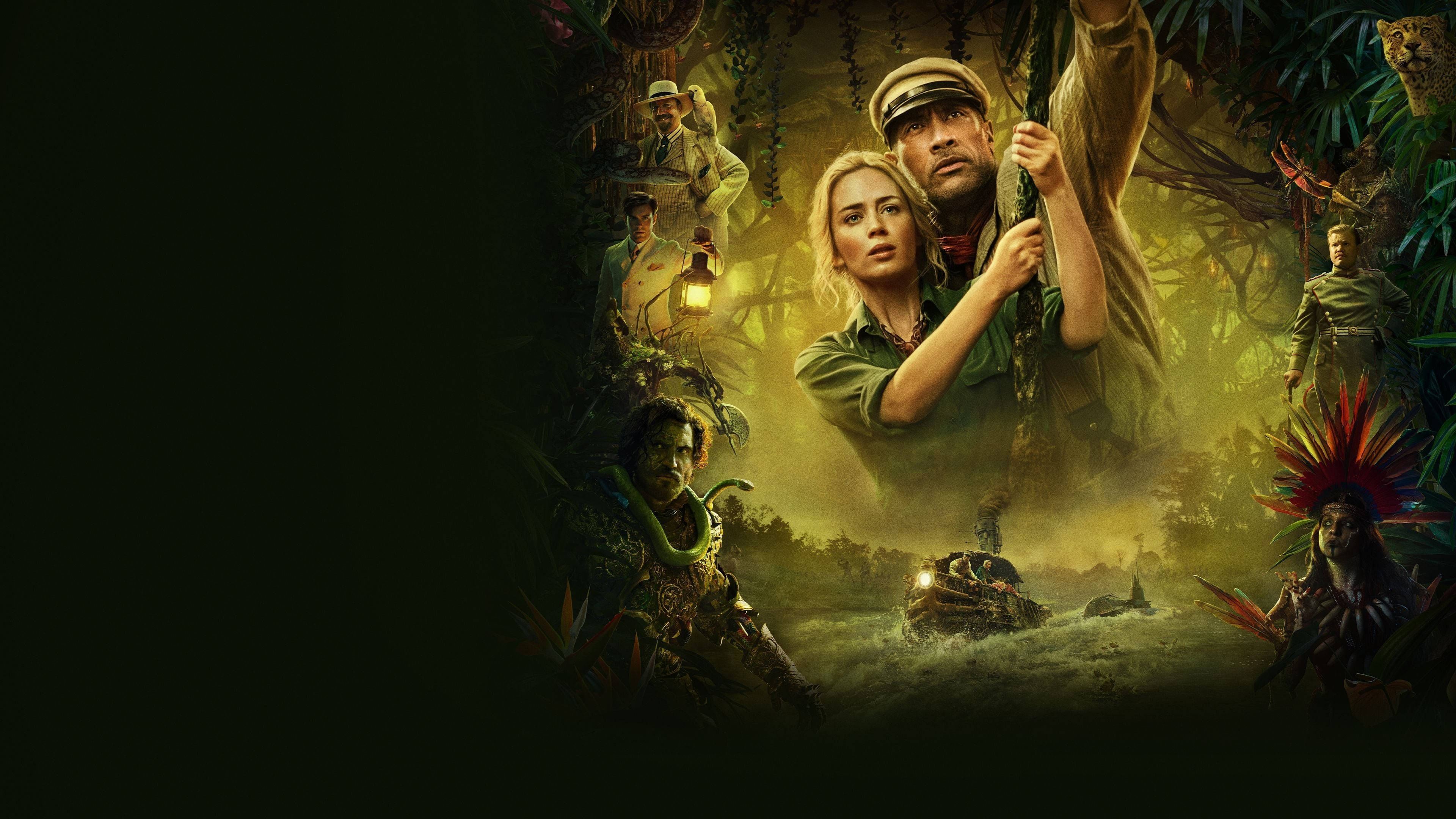 Jungle Cruise 桌布 壁紙 — 一個戲劇性的叢林冒險場景，一男一女抓住藤蔓懸在河上，周圍是土著戰士和發光的燈籠。
