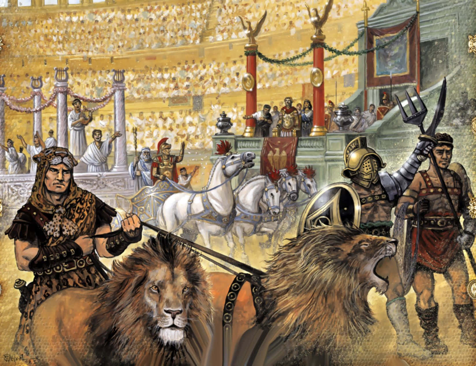 Roman Colosseum 桌布 壁紙 — 一個戲劇性的古羅馬競技場場景，角鬥士和獅子在擠滿的人群面前咆哮。