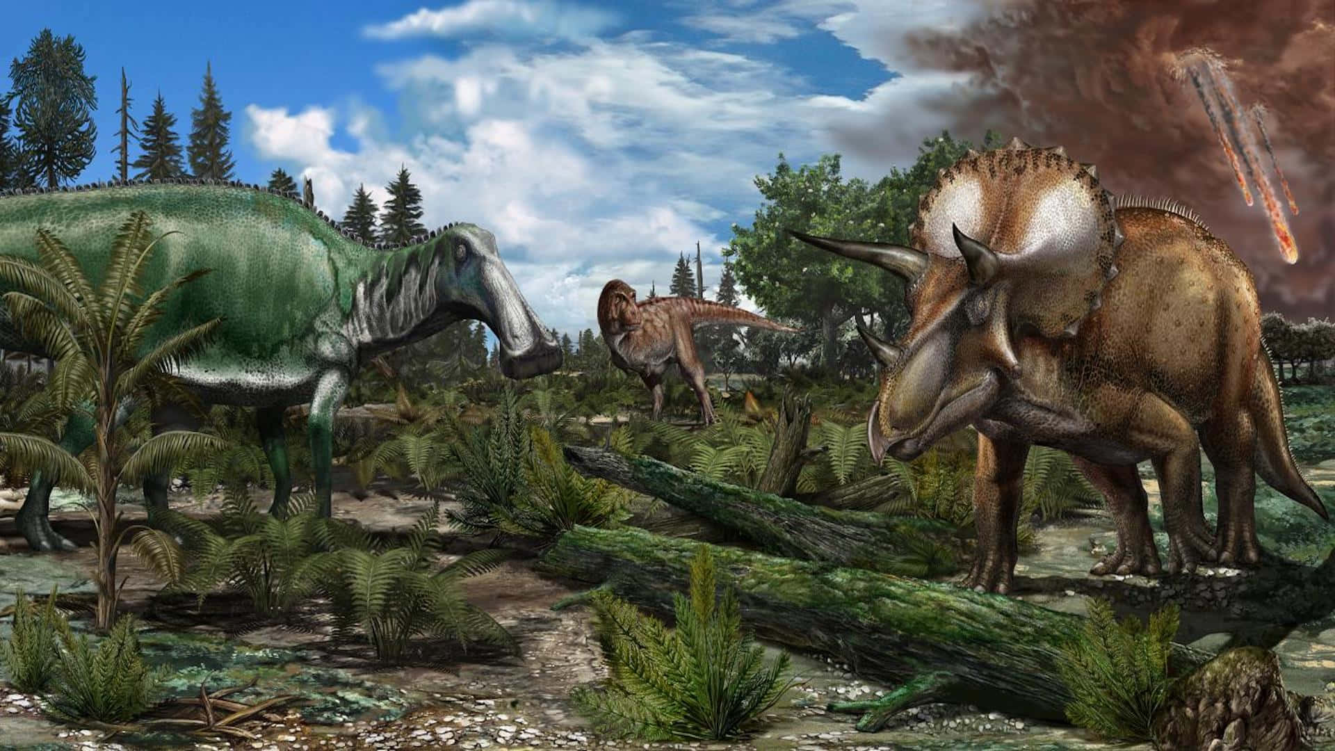 Dino 桌布 壁紙 — 一個戲劇性的史前場景，三角龍和鴨嘴龍在茂密的蕨類森林中，一顆熾熱的流星劃過天空。