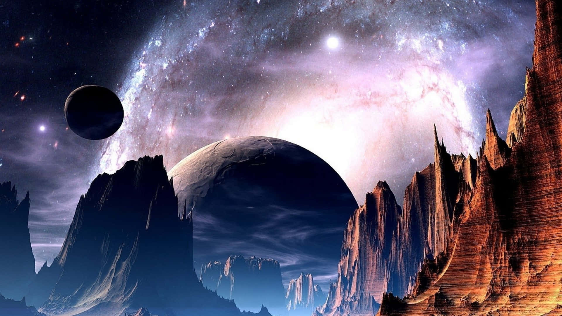 3d Space 桌布 壁紙 — 一個戲劇性的外星景觀，有鋸齒狀的紅色岩石形成，在發光的星系和漂浮的月亮下。