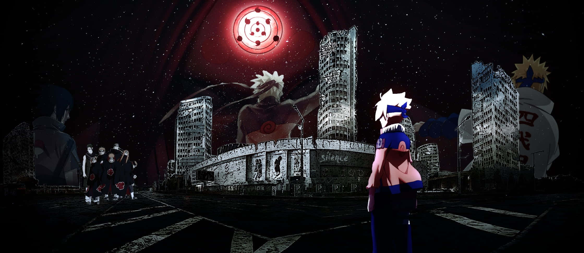 Boruto Vs Kawaki 桌布 壁紙 — 一個戲劇性的夜晚動漫場景，在廢墟城市中，一個尖刺頭髮的角色在發光的紅色眼睛符號下與一個巨大的蒙面人物對峙。
