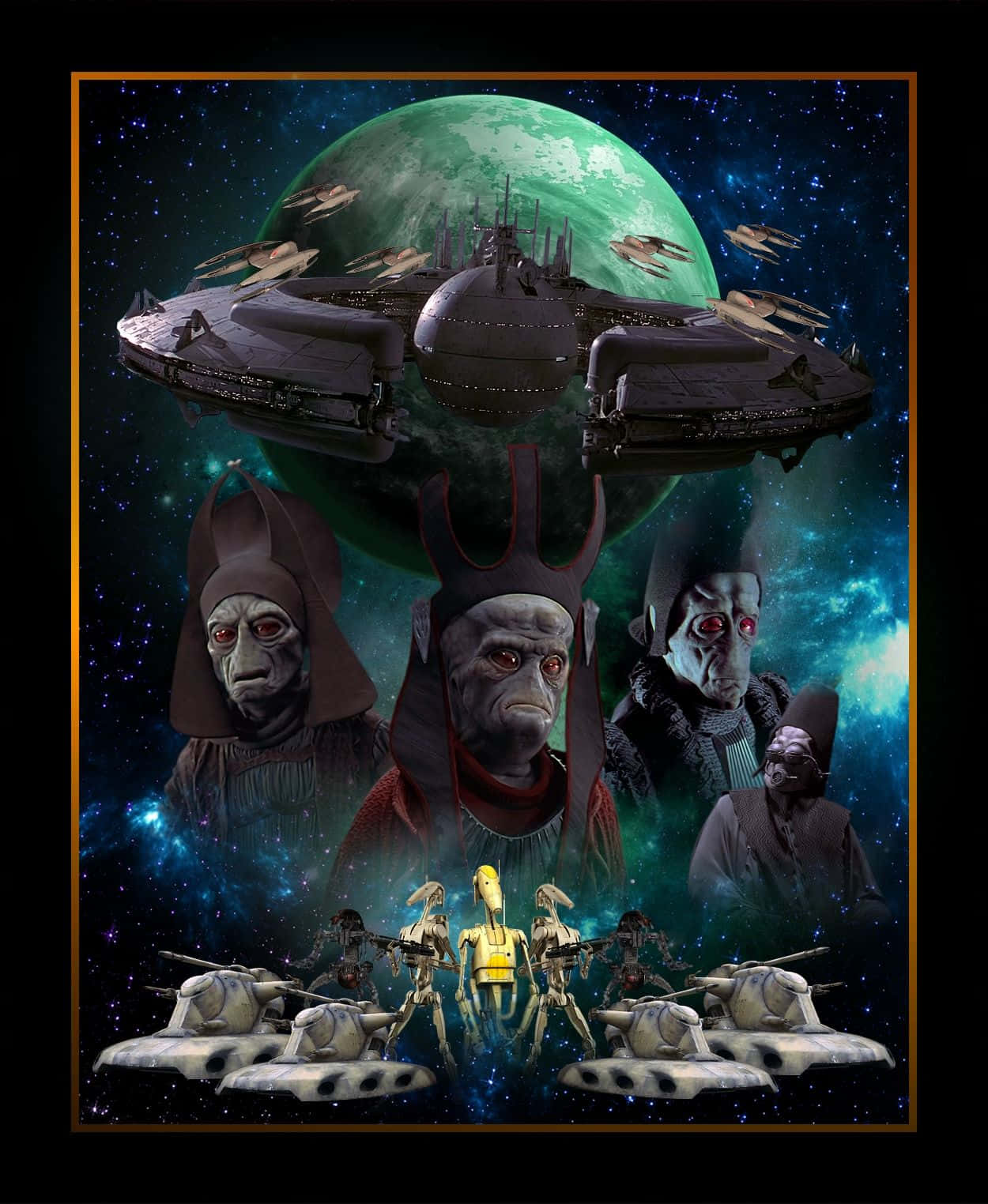 The Trade Federation 桌布 壁紙 — 一個戲劇性的太空場景，一艘大型太空船懸浮在綠色星球上方，下方有外星人形和機器人，背景是繁星點點。