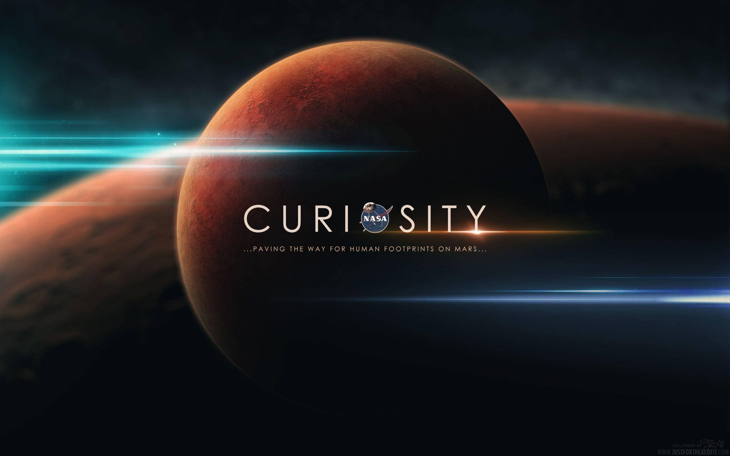 nasa 美學 桌布 壁紙 — 一個戲劇性的太空場景，以火星為特色，帶有發光的藍色光條和居中的好奇號火星車標誌。