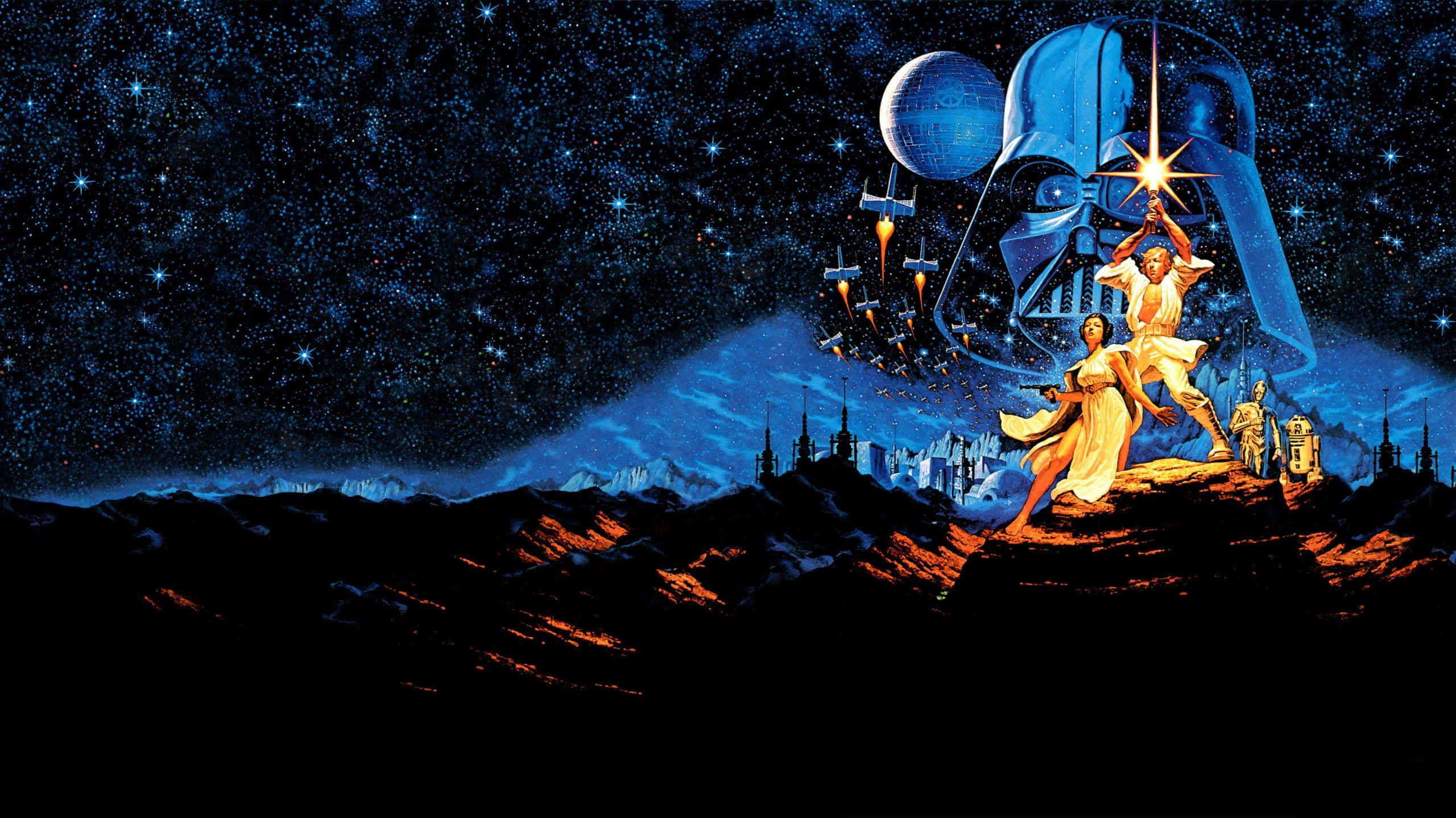 美學 桌布 壁紙 — 一個戲劇性的太空歌劇場景，Luke 和 Leia 在繁星點點的夜空下，挑釁地站在巨大的 Darth Vader 頭盔前。