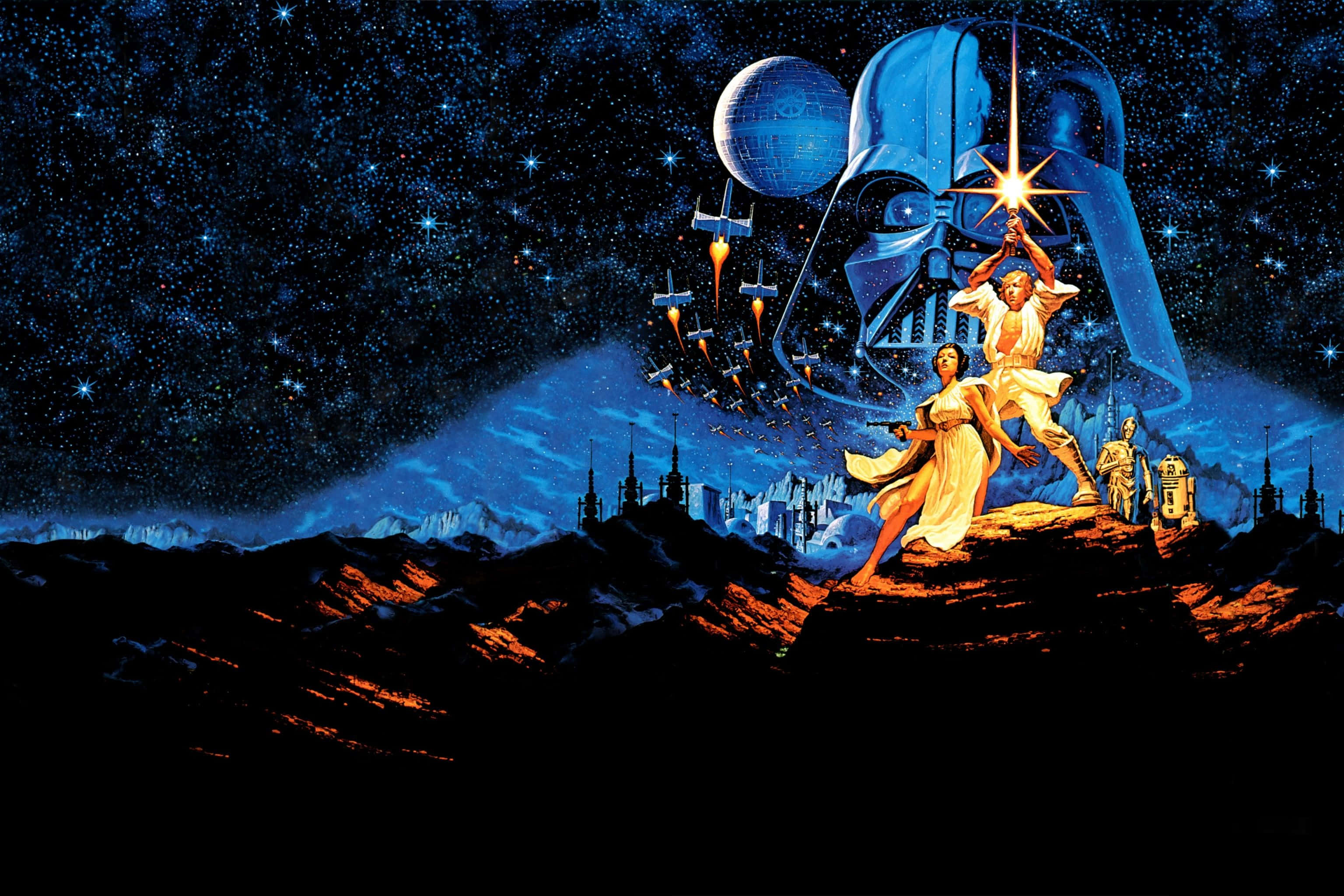 A New Hope 桌布 壁紙 — 一個戲劇性的太空歌劇場景，路克和莉亞揮舞光劍對抗巨大的達斯維達剪影，背景是星空、死星和鈦戰機。
