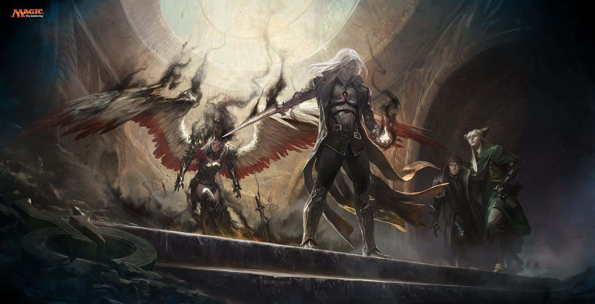 魔法風雲會 桌布 壁紙 — 一個戲劇性的奇幻場景，有翼戰士和裝甲人物站在發光拱門下的石台上。
