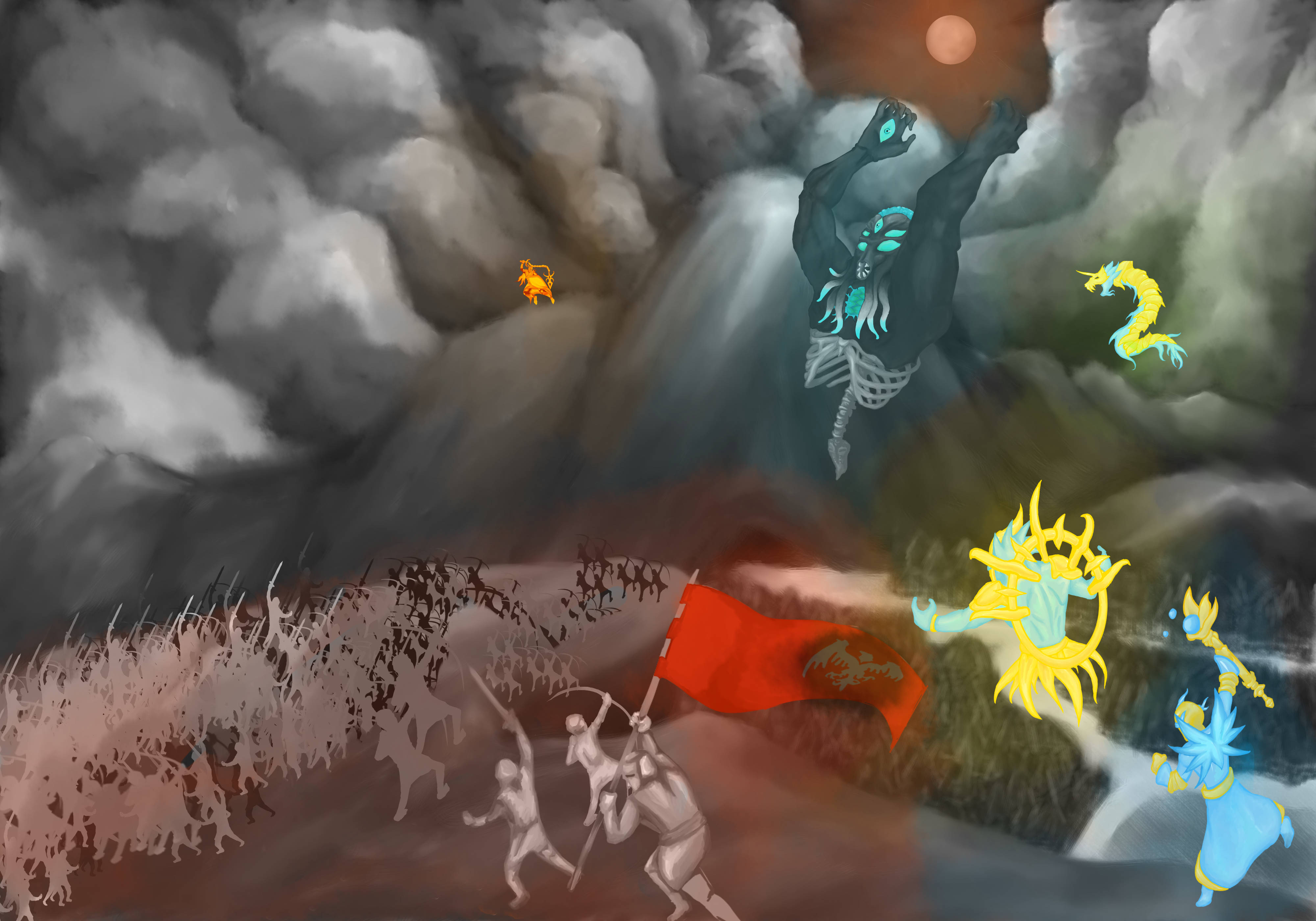 Terraria Moon Lord 桌布 壁紙 — 一個戲劇性的奇幻戰鬥場景，戰士和神話生物在暴風雨的天空下，伴隨著發光的月亮。