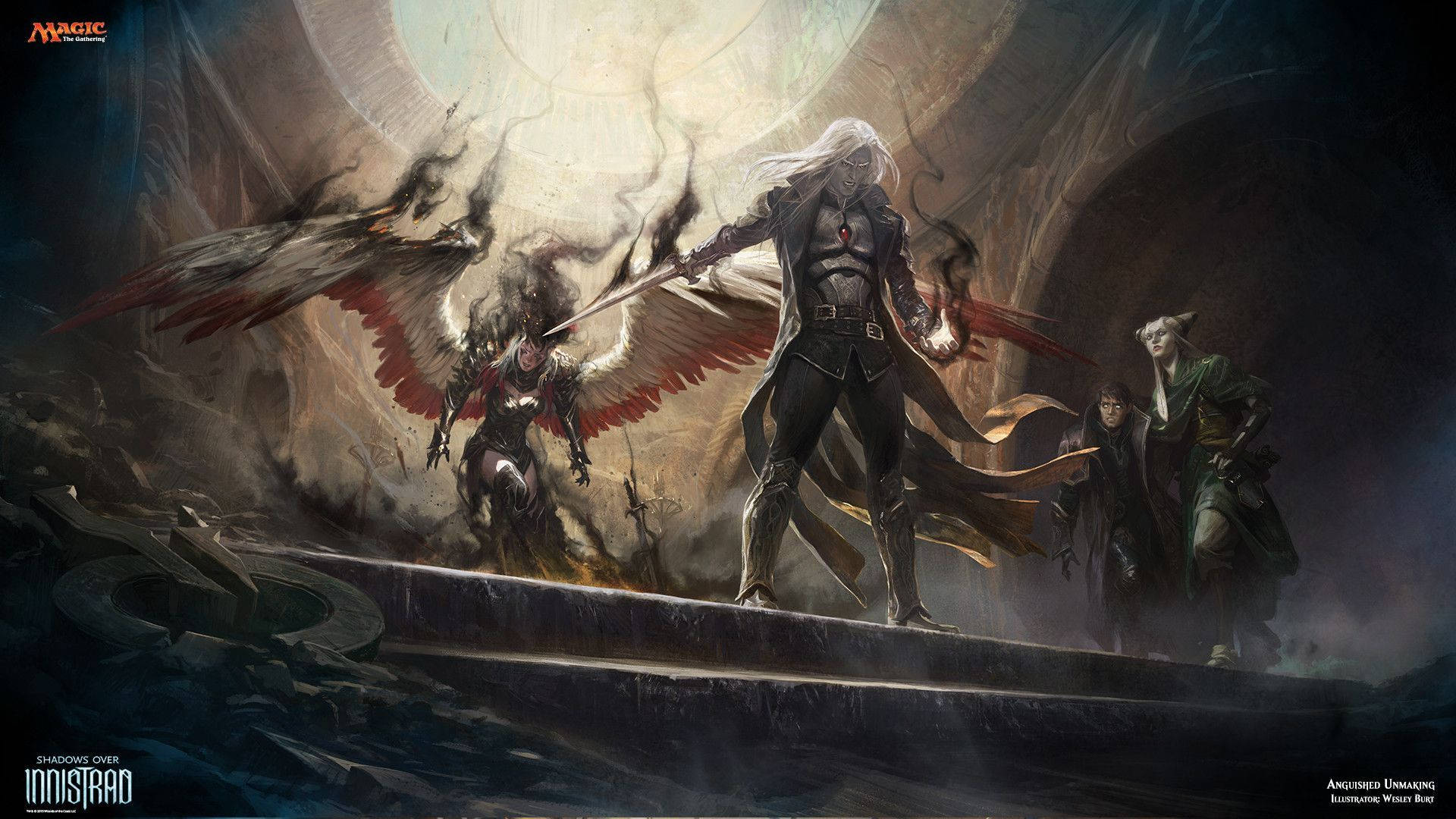 Gathering 桌布 壁紙 — 一個戲劇性的奇幻戰鬥場景，有翼戰士和裝甲人物在黑暗洞穴般的環境中。