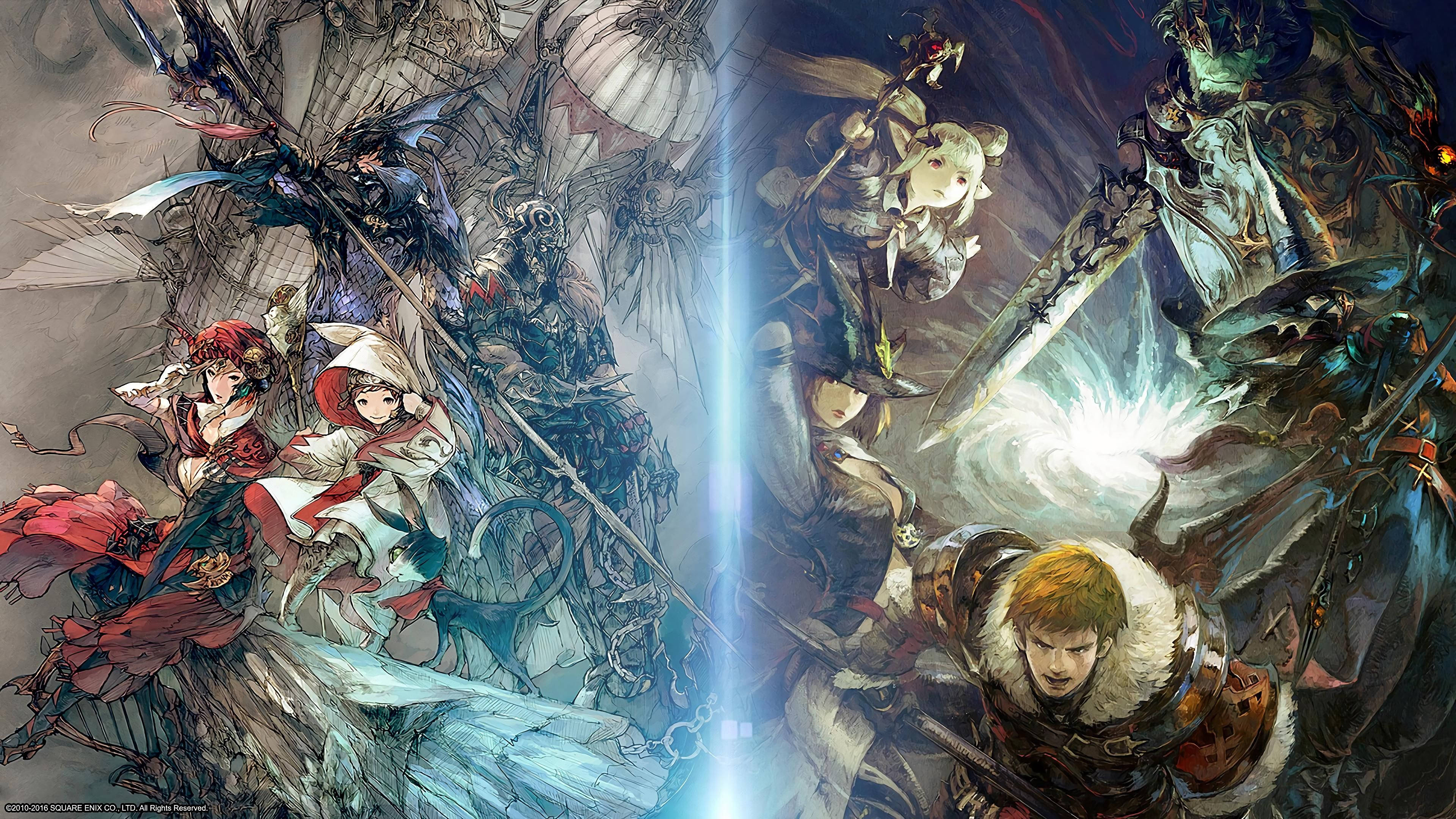 Ff14 桌布 壁紙 — 一個戲劇性的奇幻戰鬥場景，被光線分割，裝甲戰士和神話生物以生動的細節戰鬥。