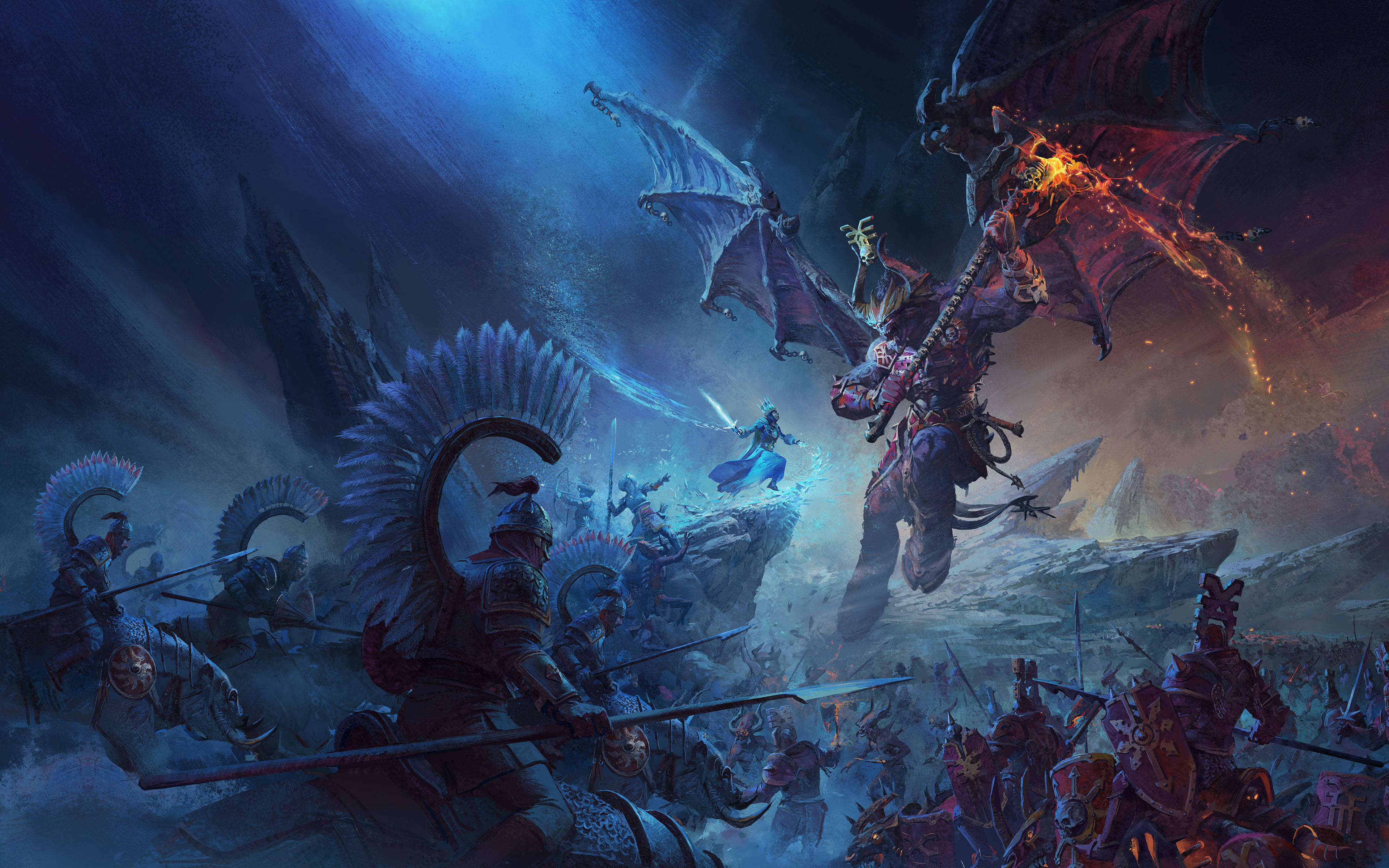 電玩遊戲 桌布 壁紙 — 一個戲劇性的奇幻戰鬥場景，裝甲戰士在暴風雨的天空和發光的藍色能量中對抗巨大的火焰巨龍。