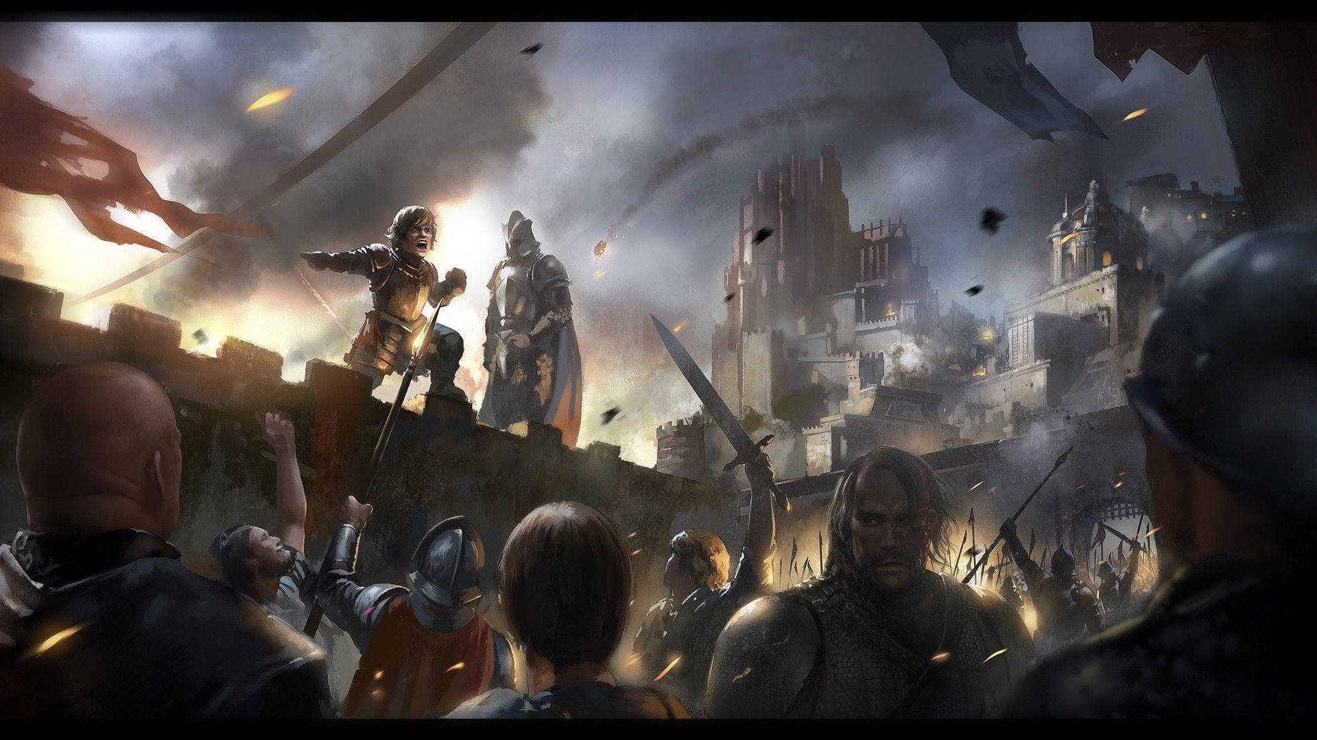 House Lannister 桌布 壁紙 — 一個戲劇性的奇幻戰鬥場景，裝甲戰士在搖搖欲墜的城堡牆上，面對暴風雨天空下的敵軍。